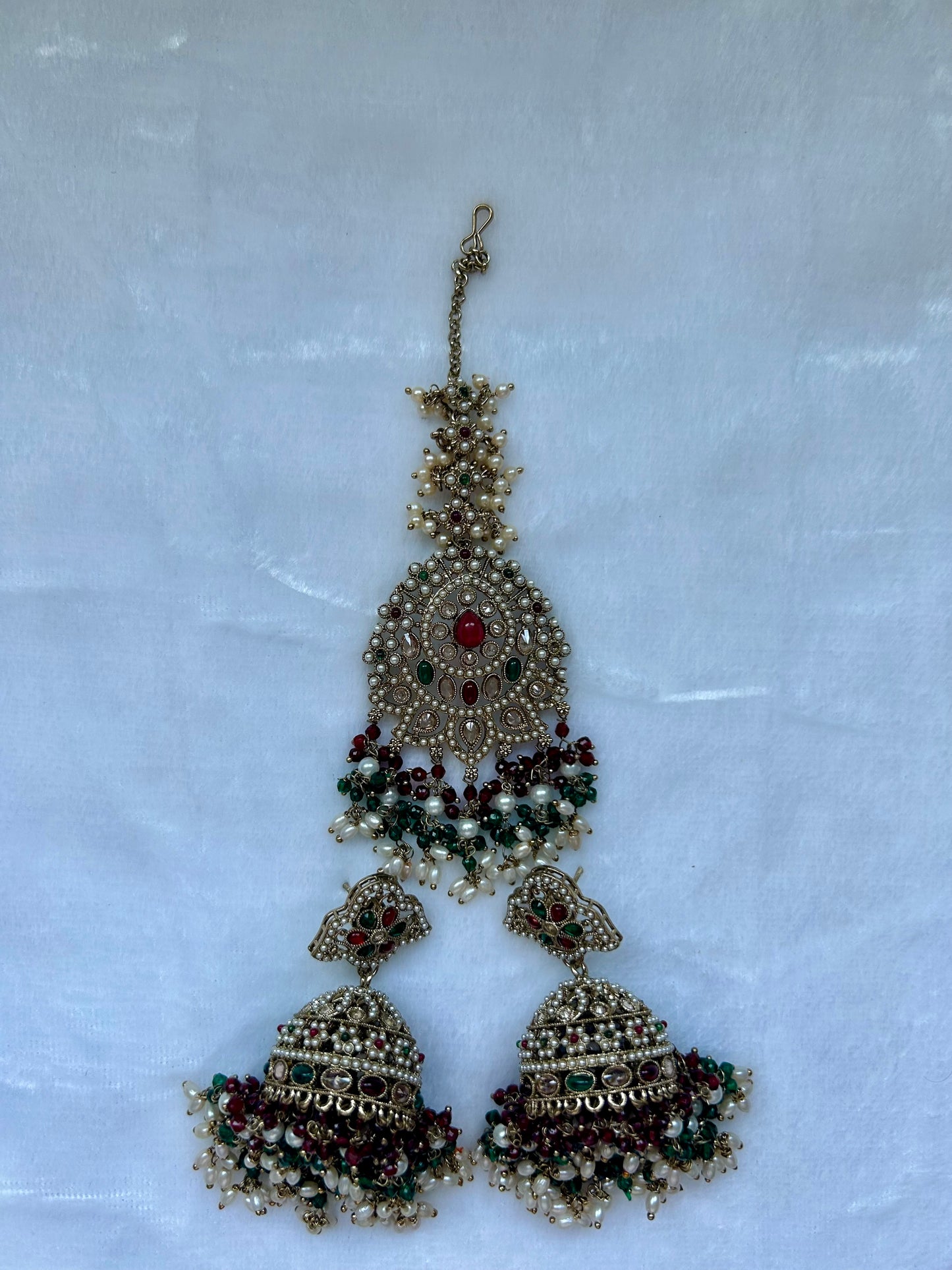 Emerald Green & Red Polki Tikka Set