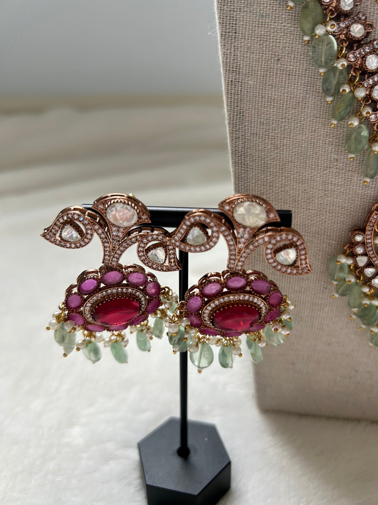 Pink & Mint Double Layered Mossiante Kundan Necklace Set
