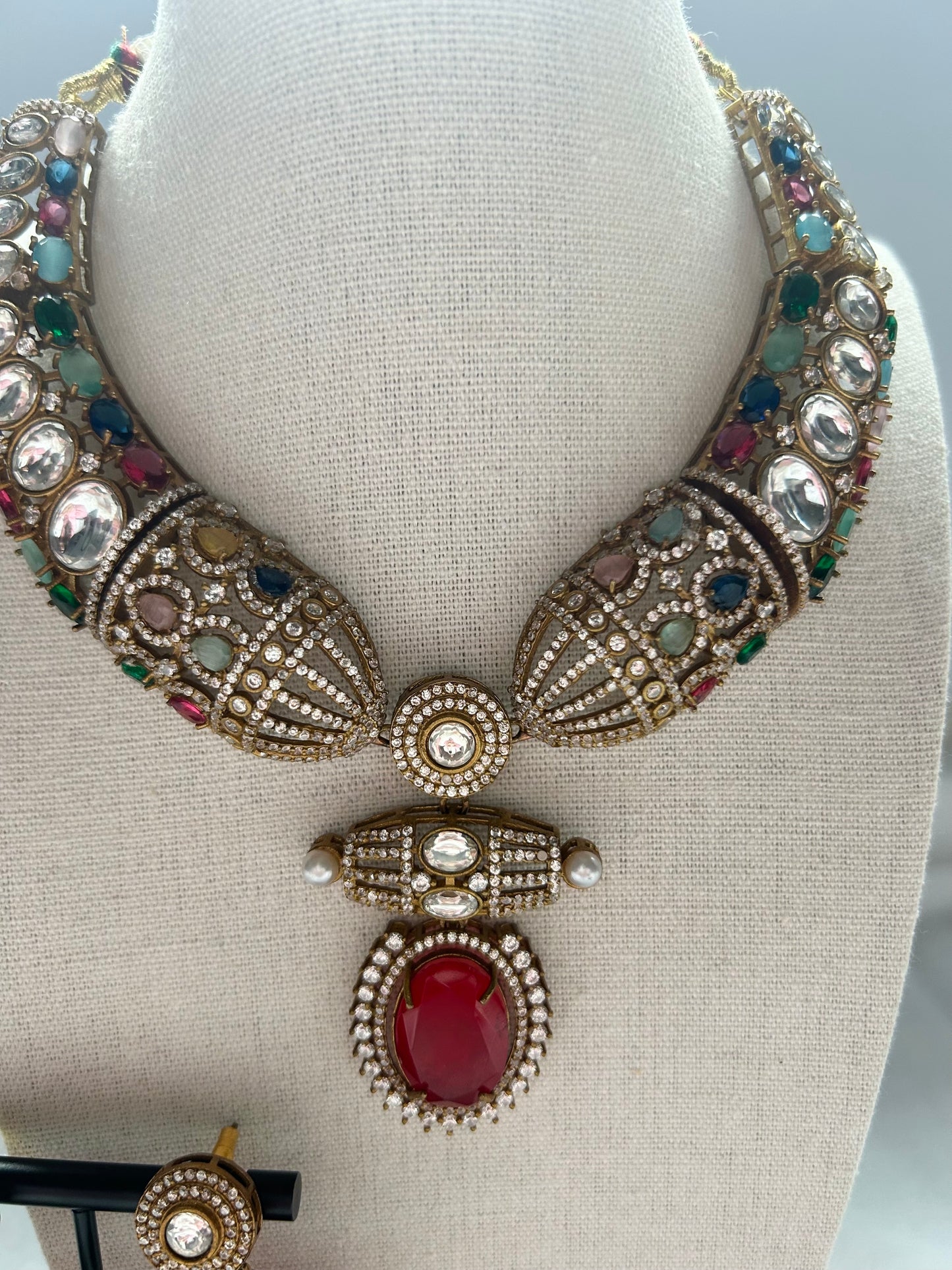 SAMPLE SALE Red Moissanite Kundan & Doublet Necklace Set