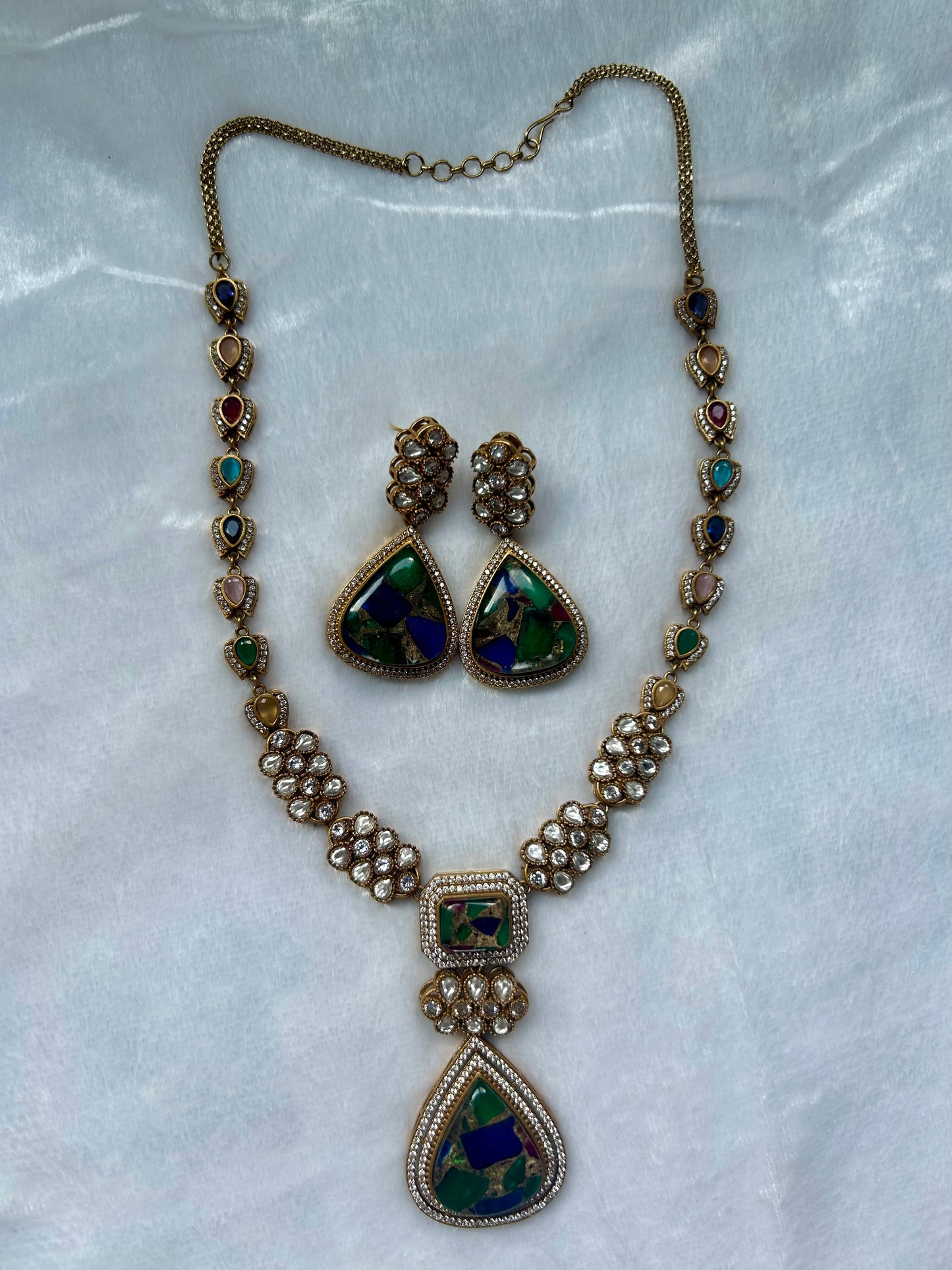 Blue & Green Moissanite Kundan Long Necklace Set