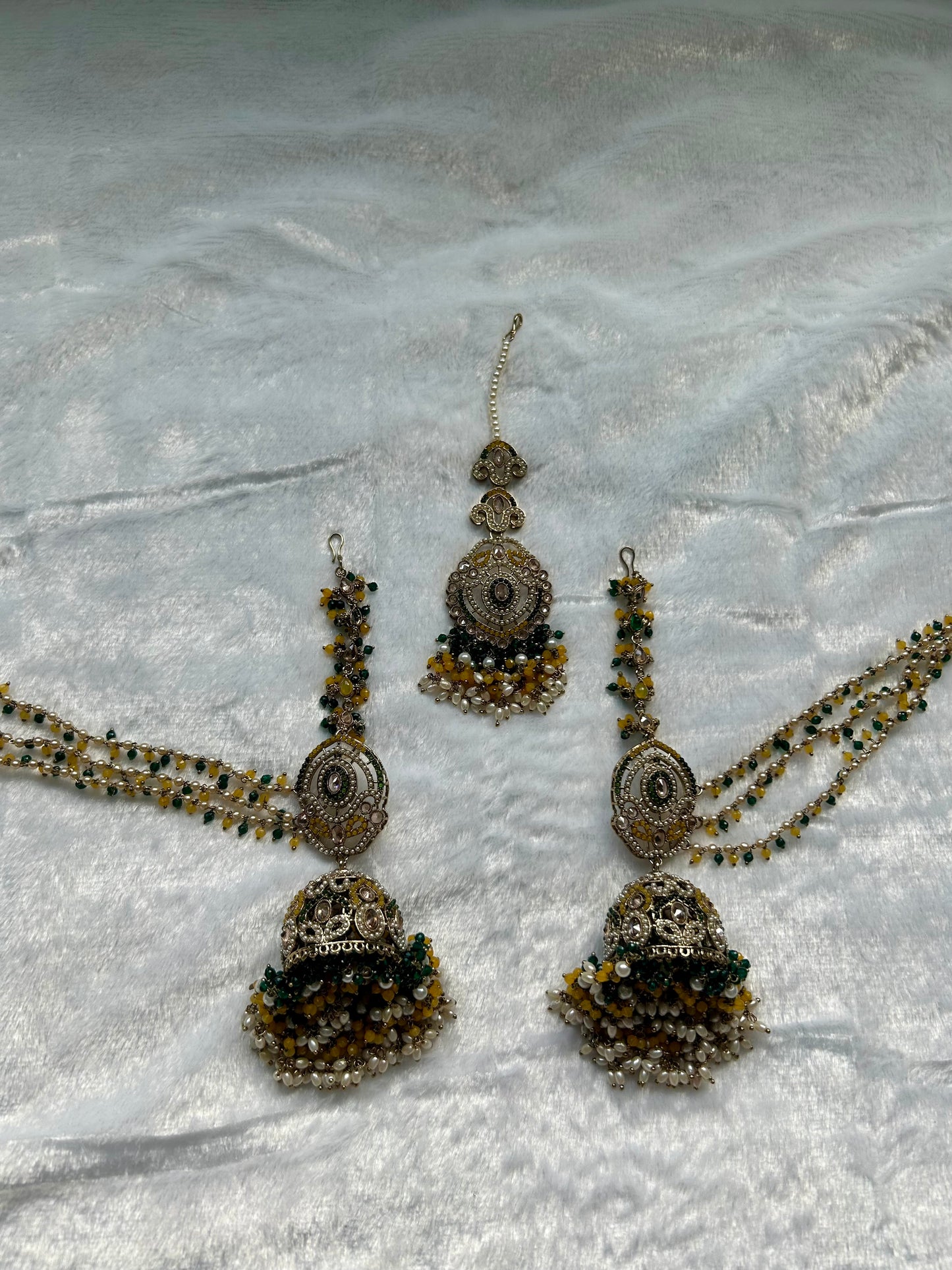 Yellow & Green Polki Sahara Jhumki Tikka Set