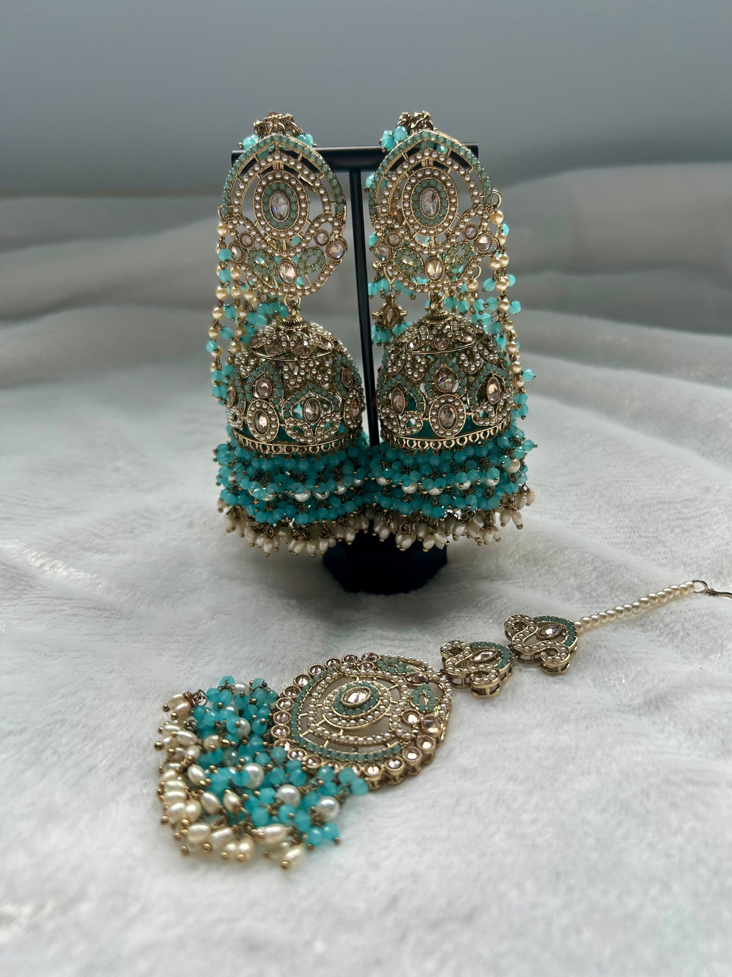 Ferozi Blue Polki Sahara Jhumki Tikka Set