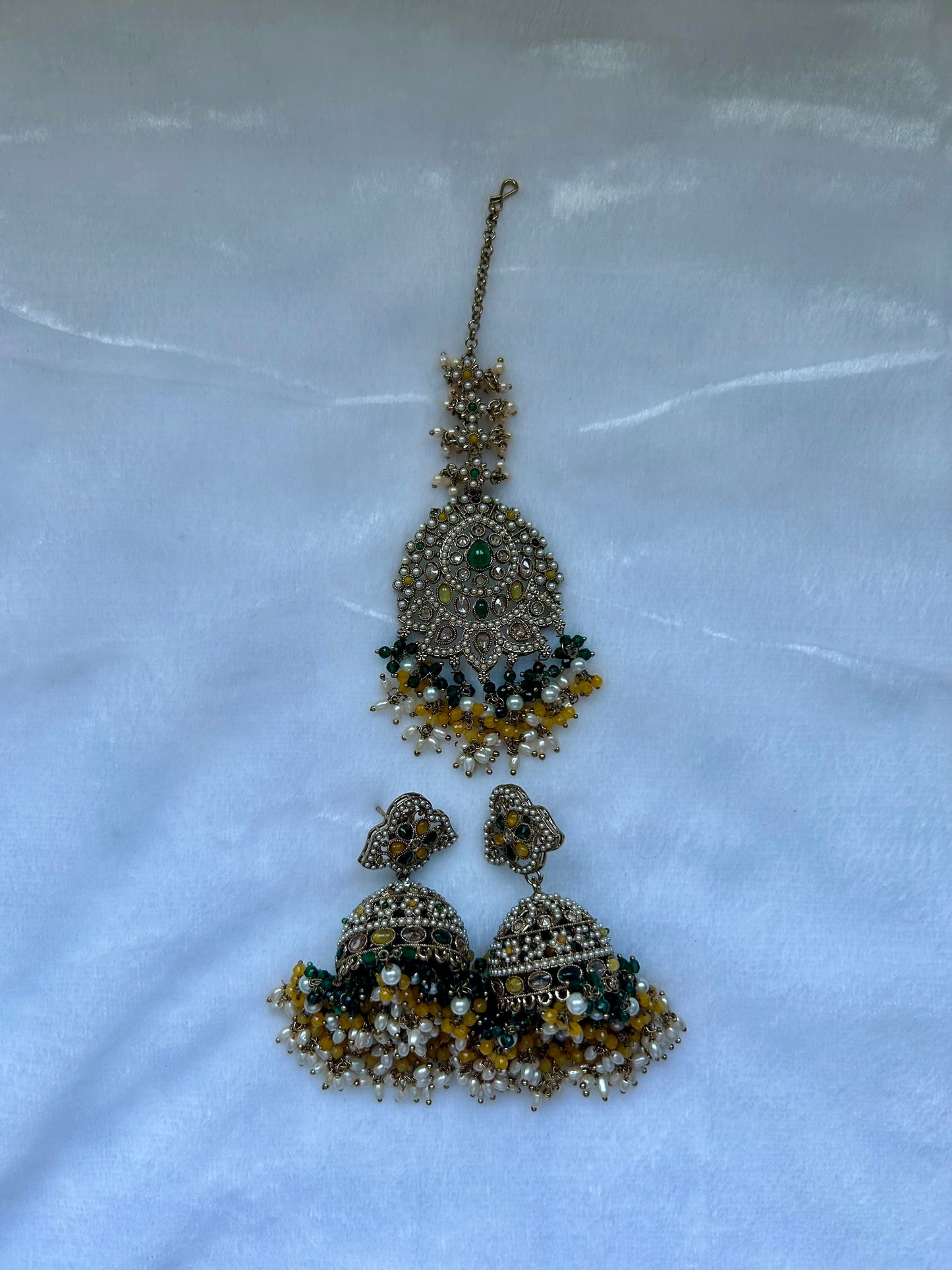 Yellow & Emerald Green Polki Tikka Set