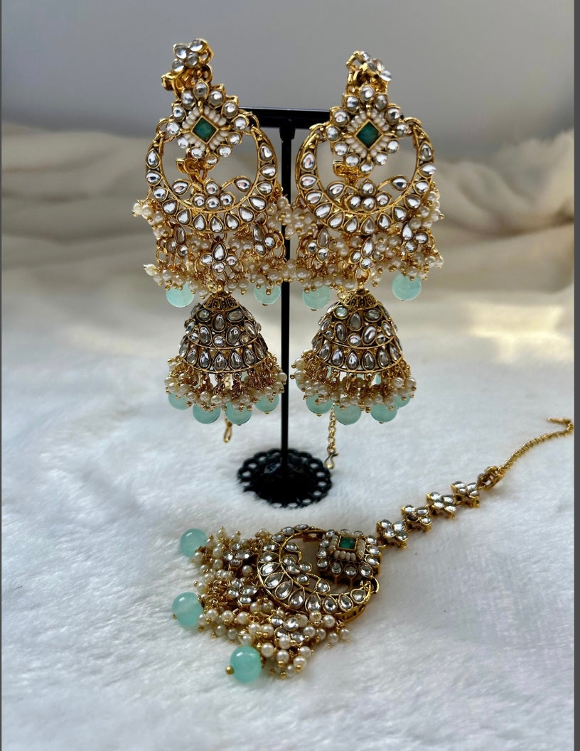 Mint Blue Kundan Tikka Set