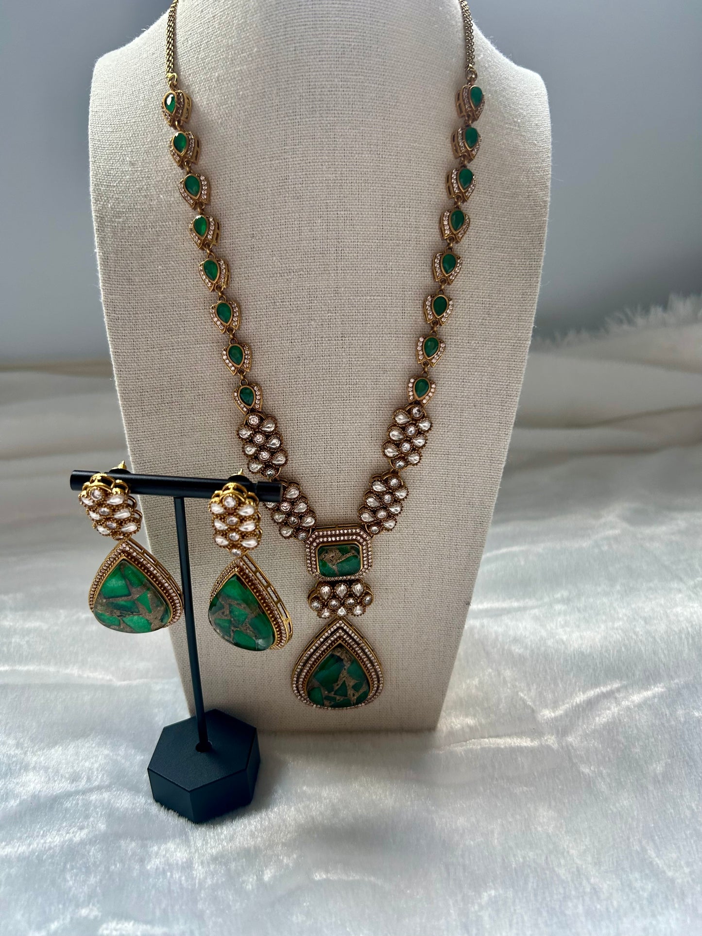 Green Moissanite Kundan Long Necklace Set
