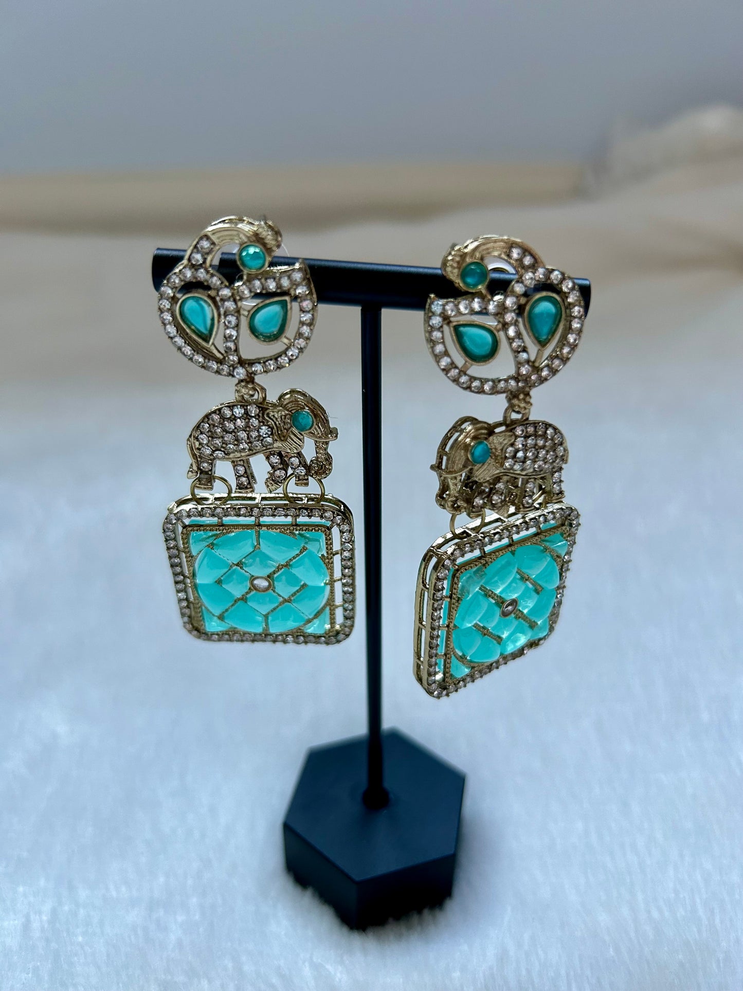 Ferozi Blue Polki Elephant Earrings