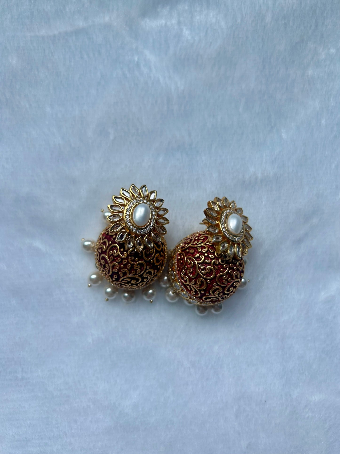 Red Gold Crafted Jhumki Earrings