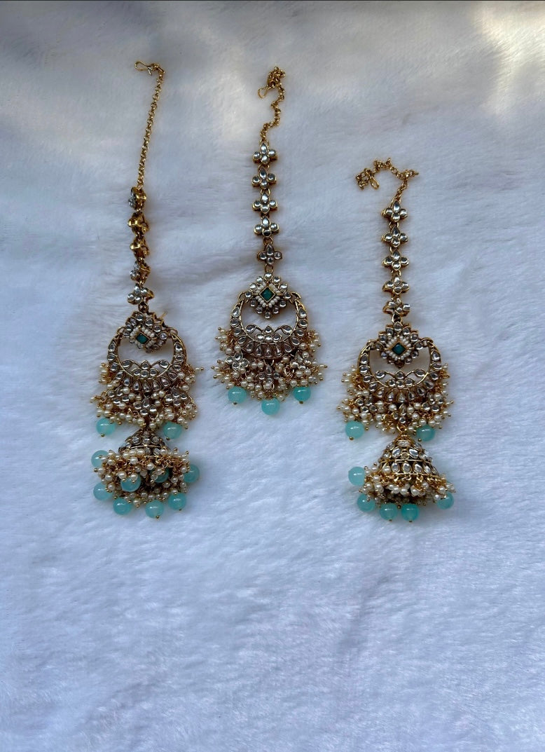 Mint Blue Kundan Tikka Set