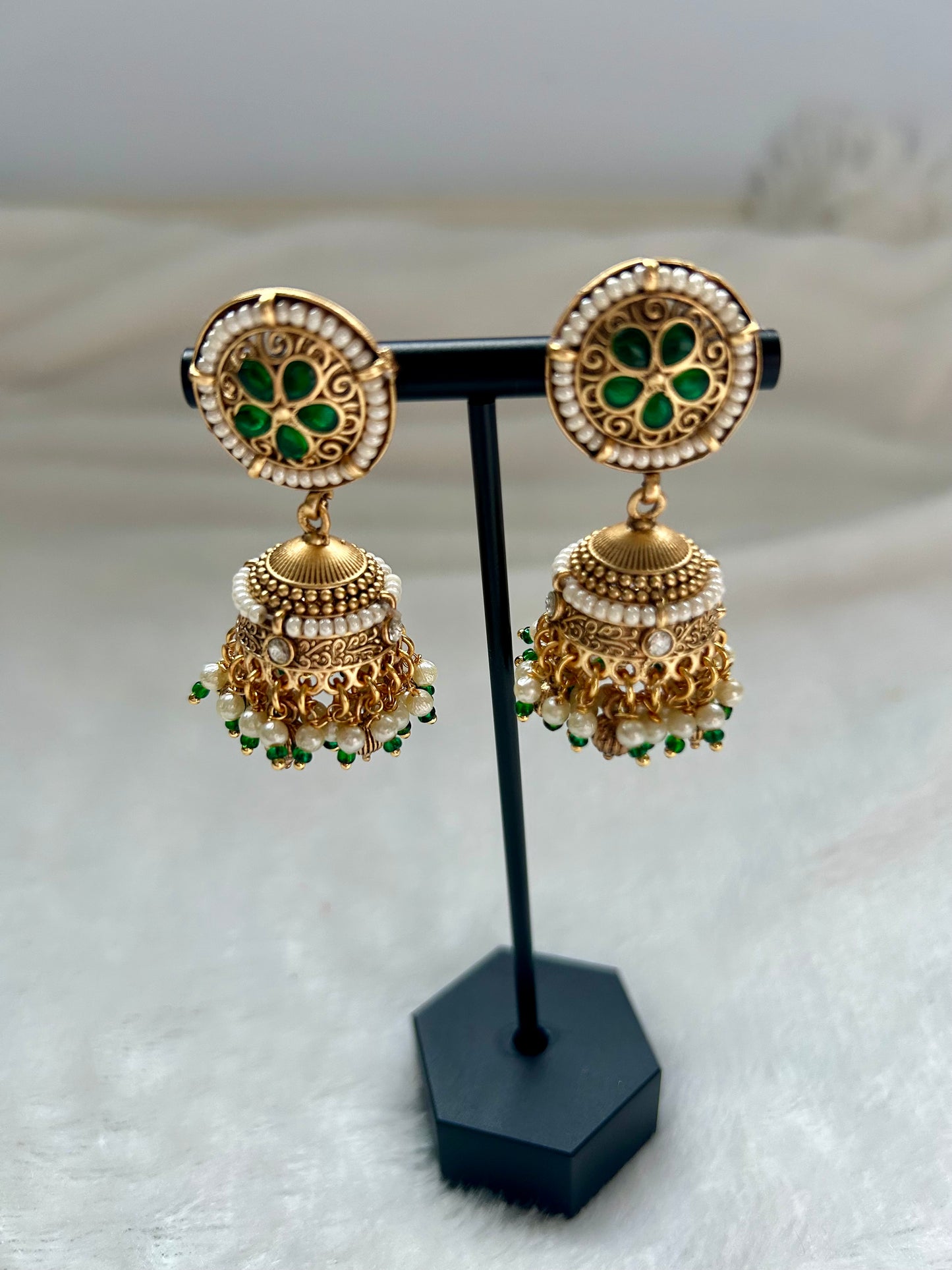Gold Crafted Emerald Green Jhumkis
