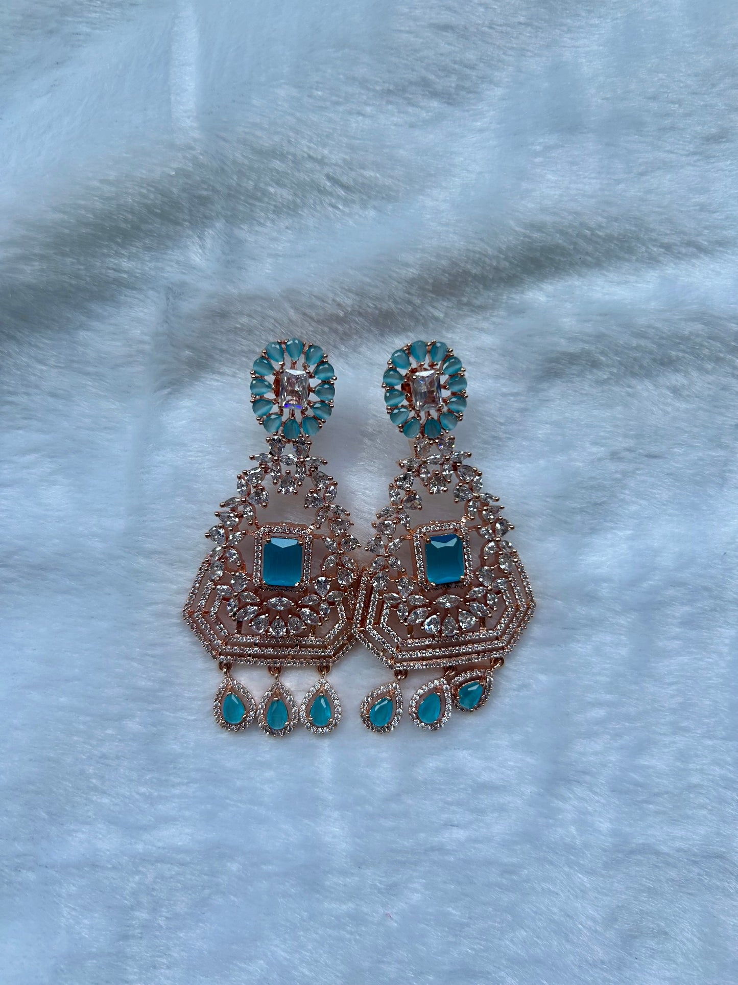 Rose Gold & Ferozi Blue AD Earrings