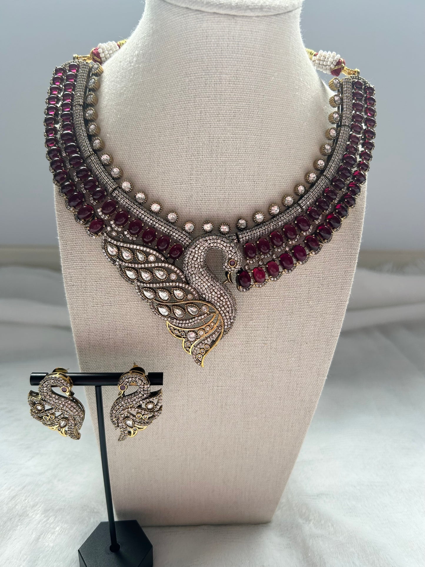 Ruby Moissanite Kundan Peacock Necklace Set