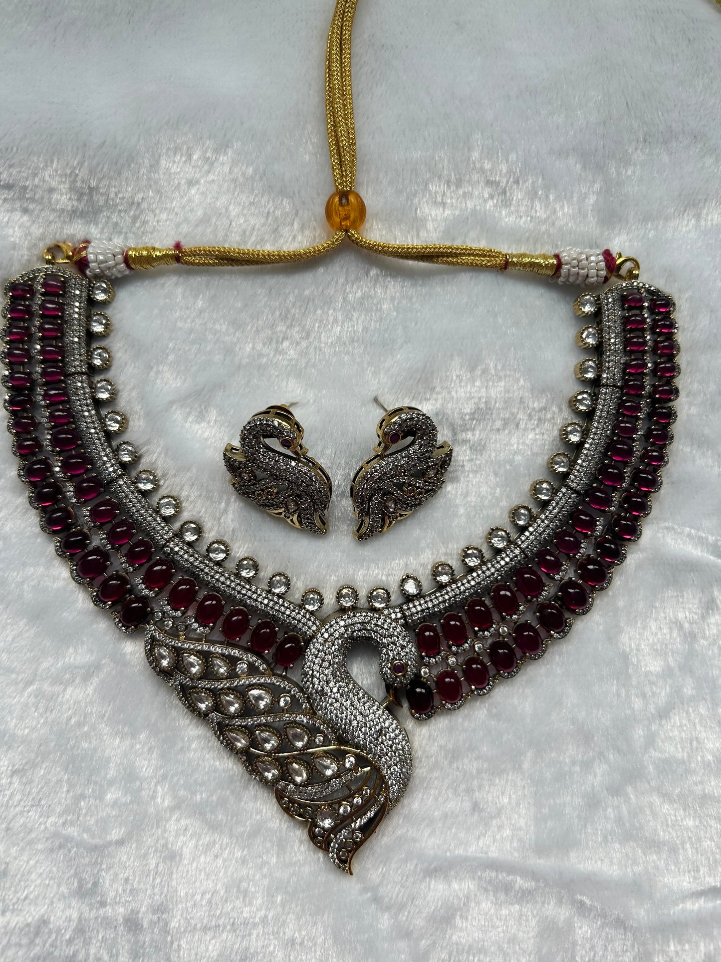 Ruby Moissanite Kundan Peacock Necklace Set