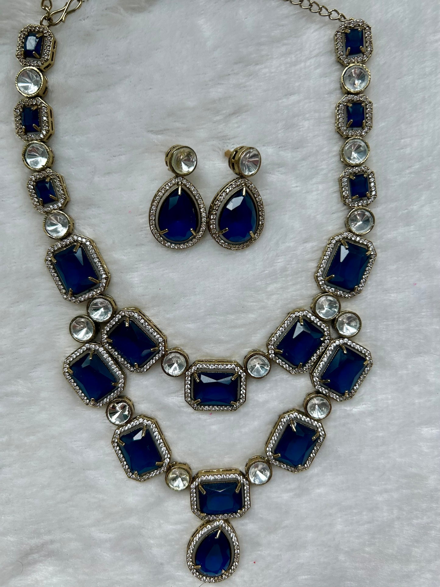 LUXE Uncut Kundan Blue Layered Necklace Set