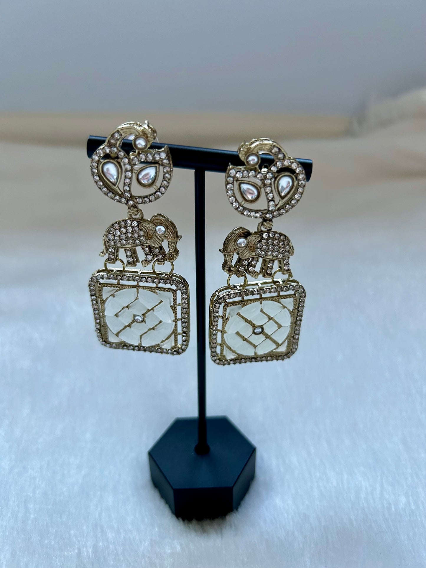 White Polki Elephant Earrings