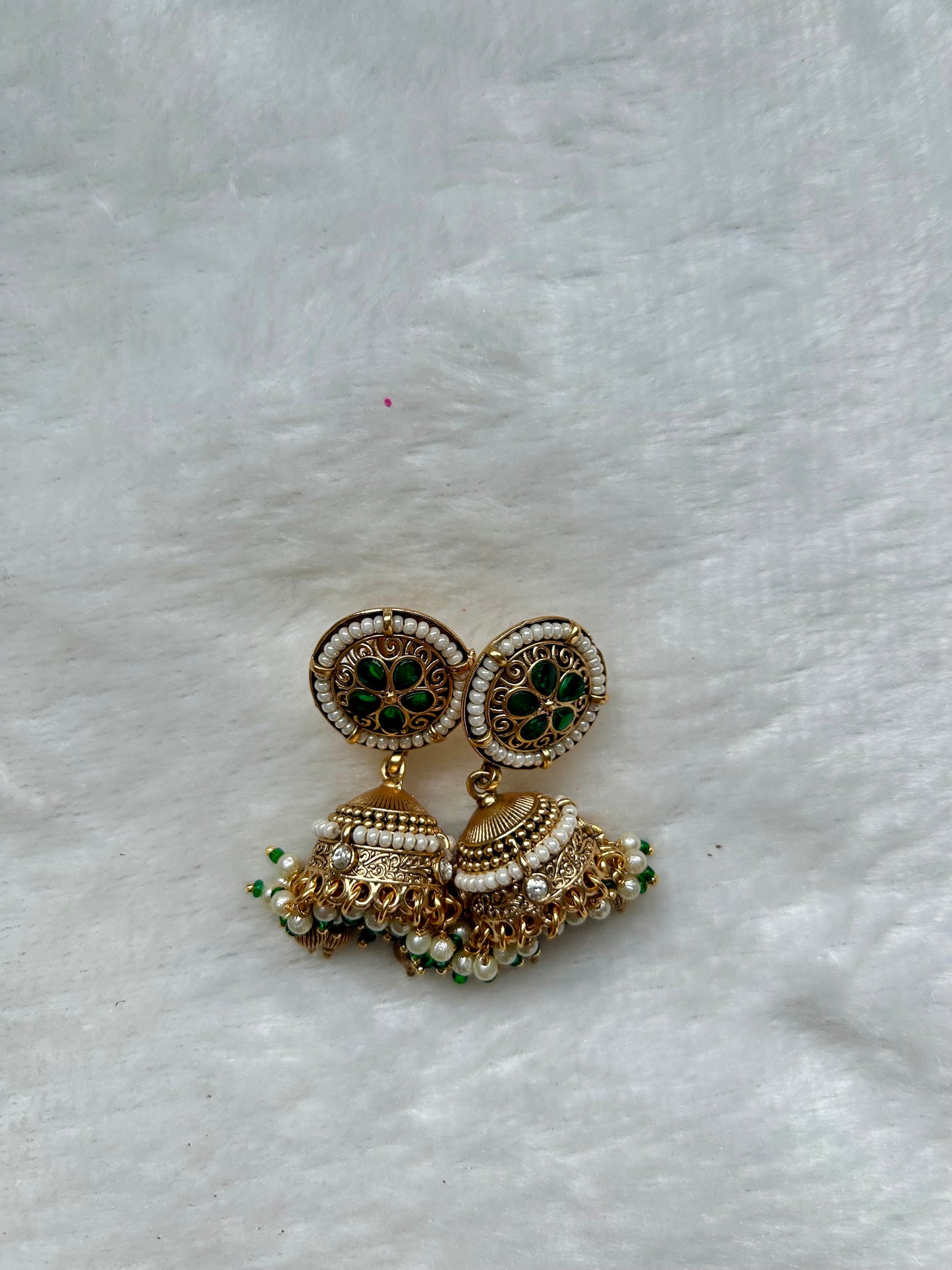 Gold Crafted Emerald Green Jhumkis
