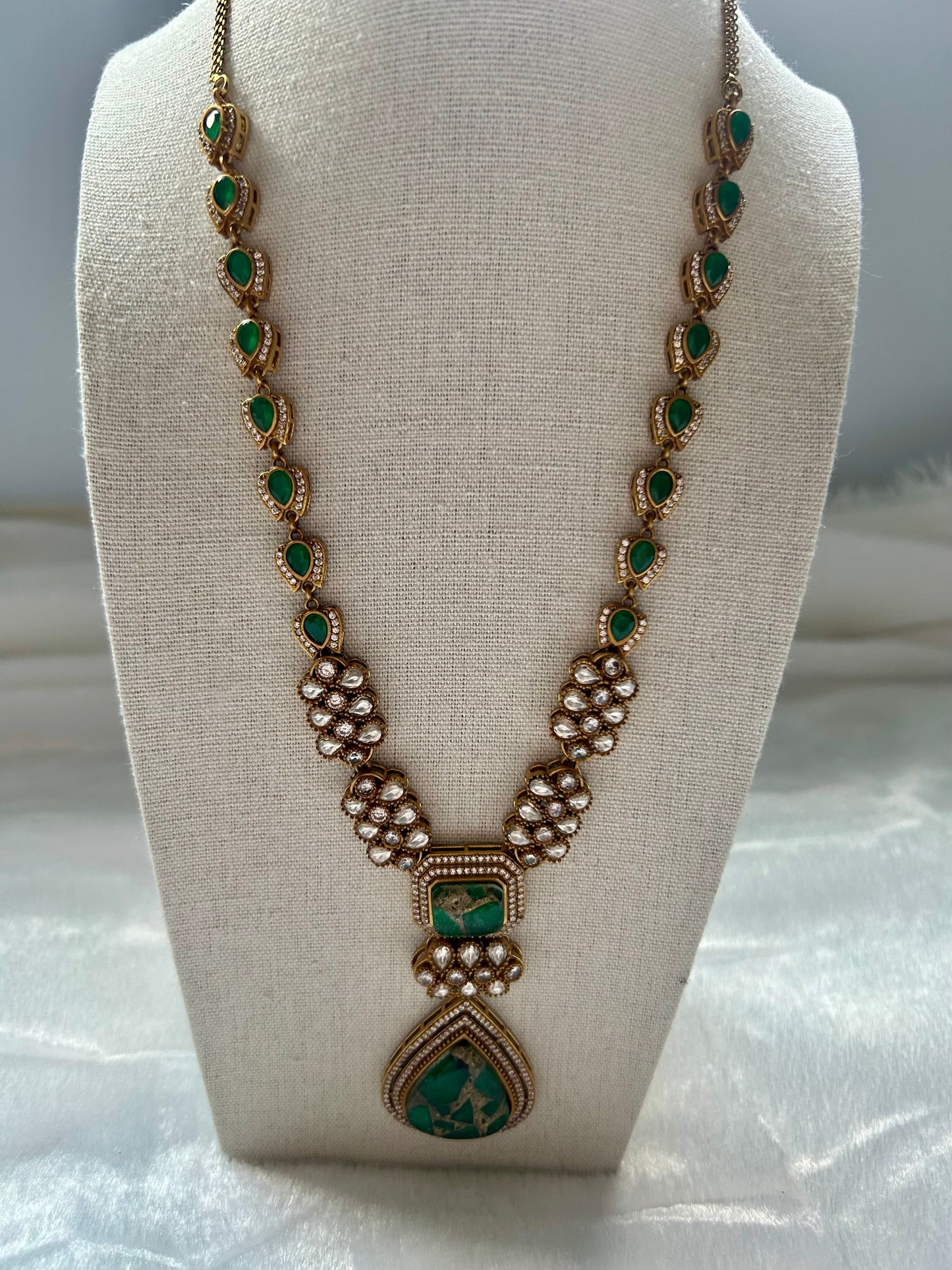 Green Moissanite Kundan Long Necklace Set