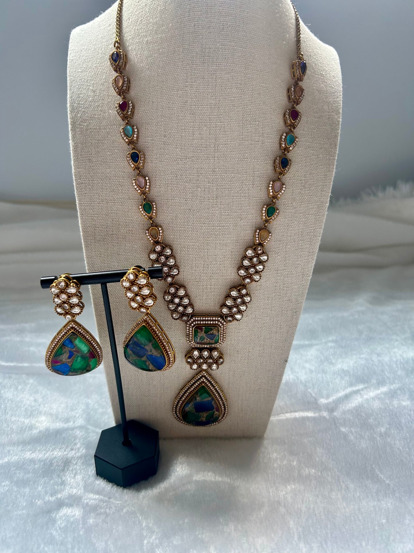 Blue & Green Moissanite Kundan Long Necklace Set