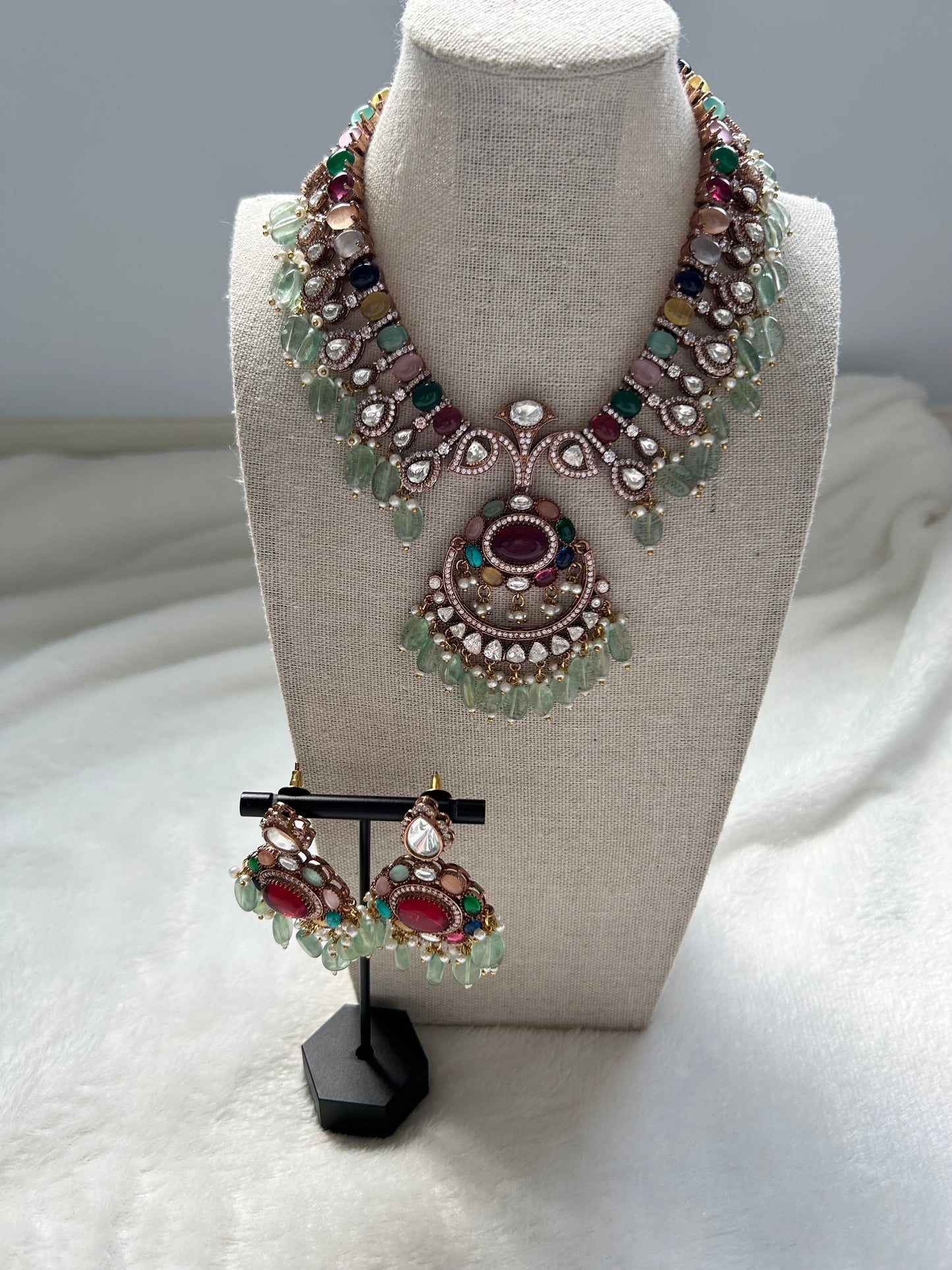 Pink & Mint Mossiante Kundan Necklace Set