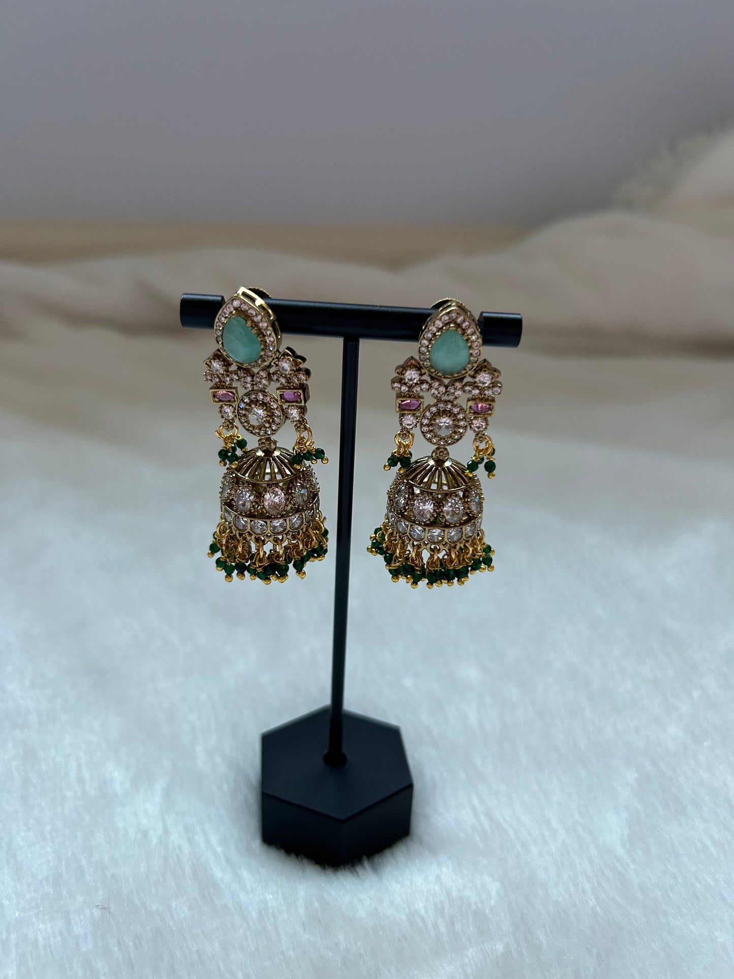 Kemp Stone & AD Mint Jhumki Earrings