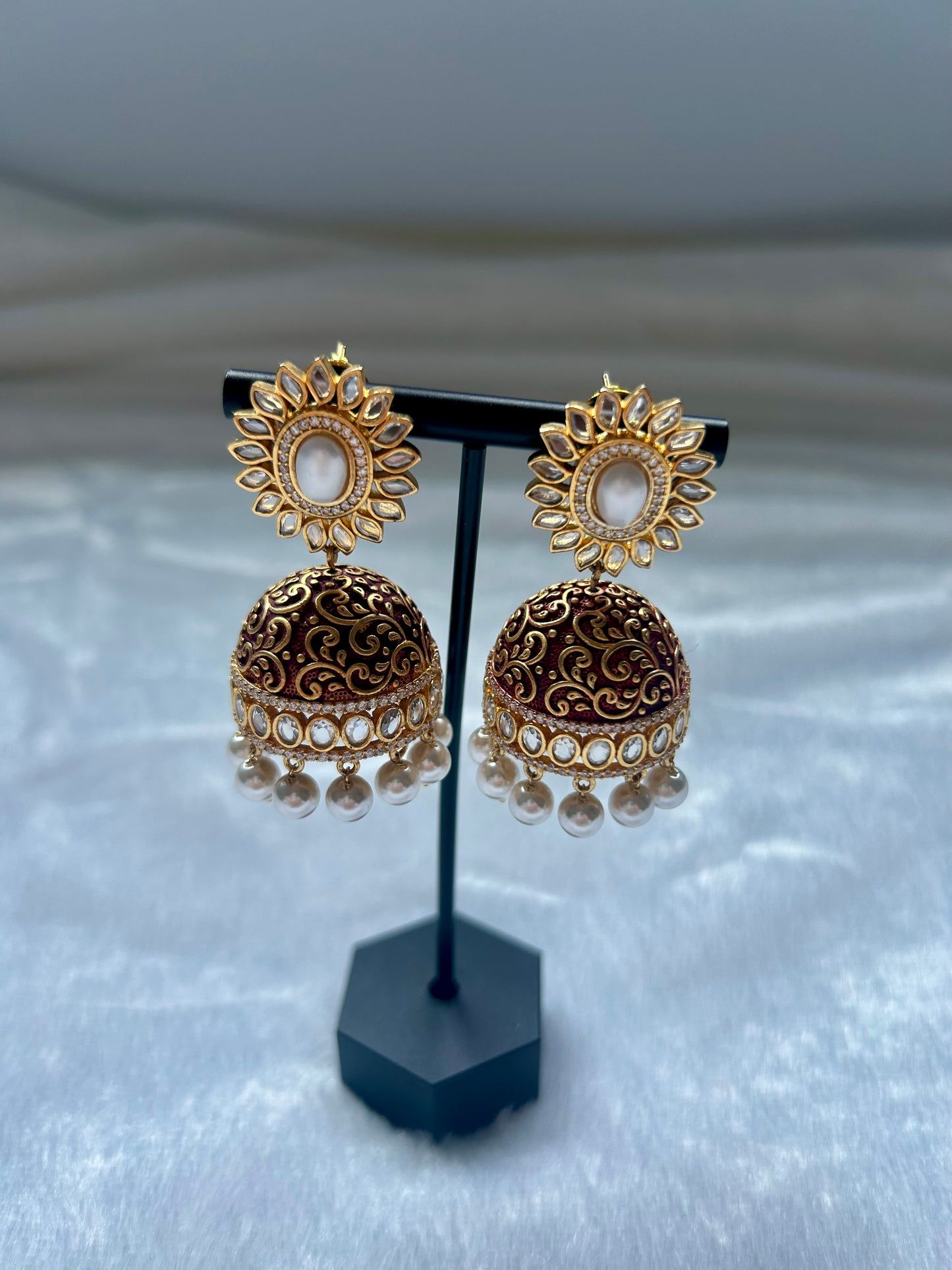 Red Gold Crafted Jhumki Earrings