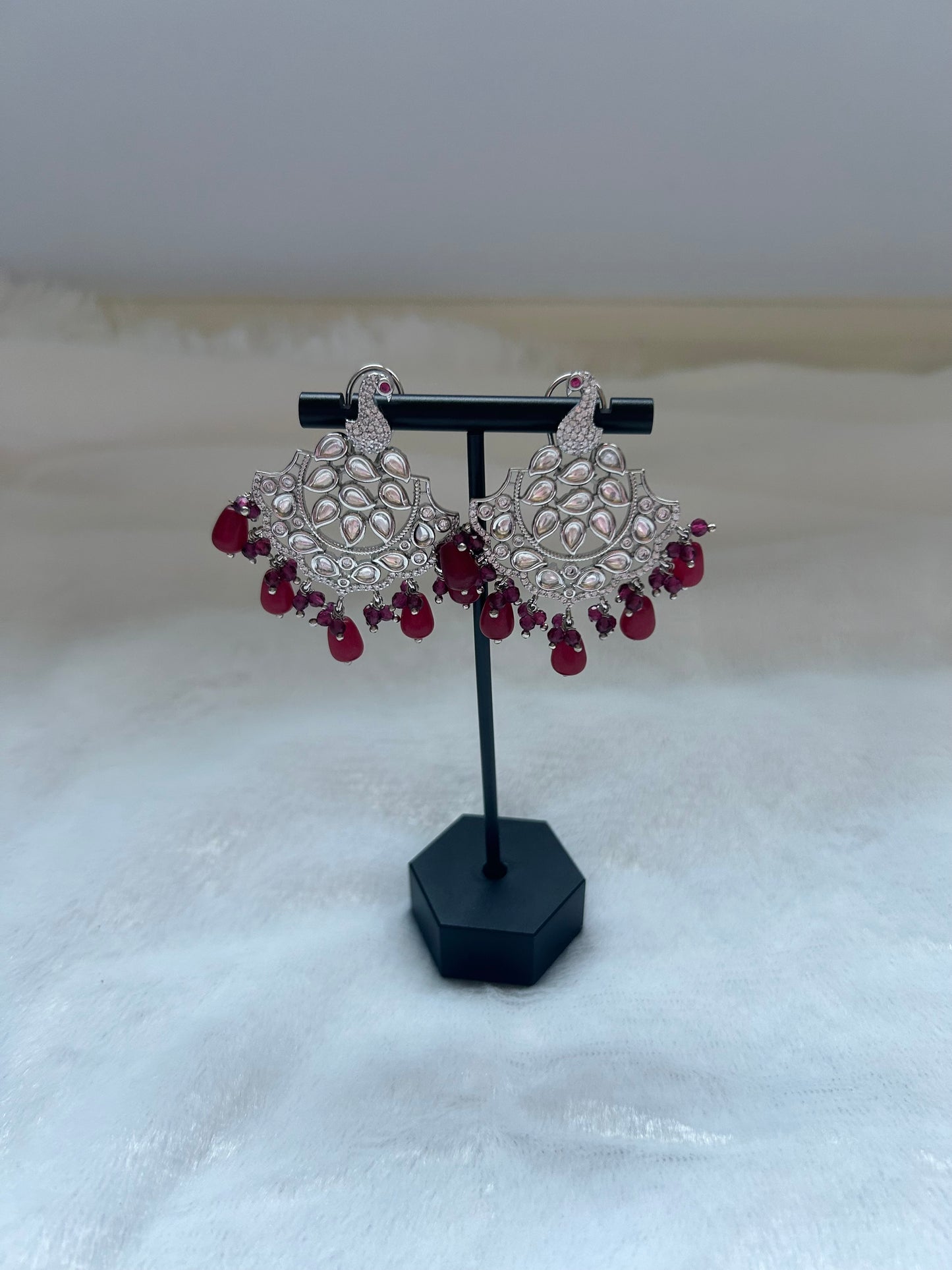 Maroon & Silver Uncut Kundan & AD Studs