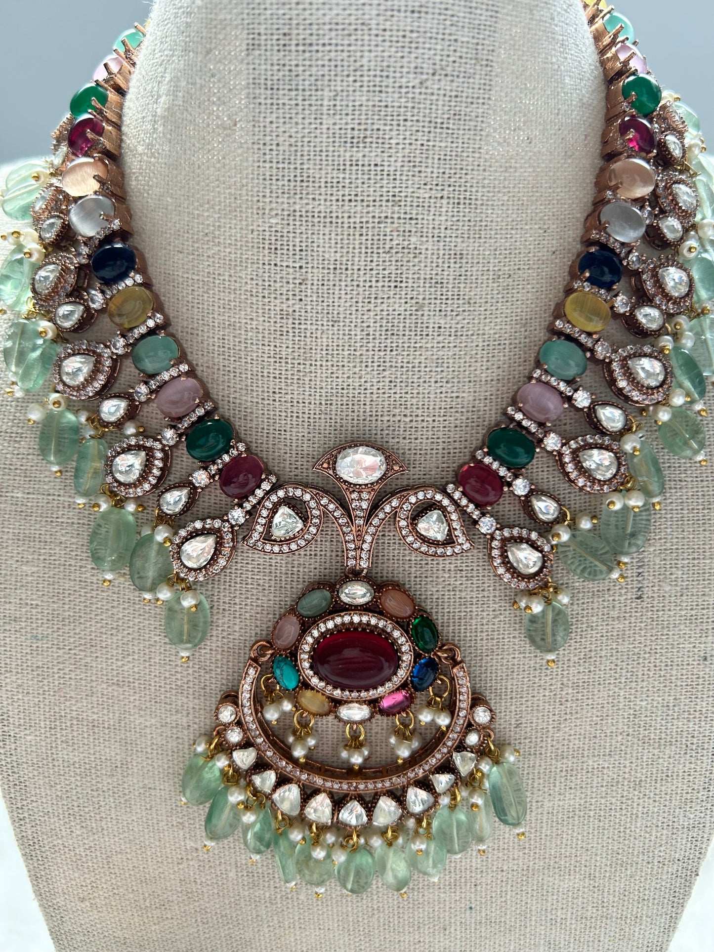 Pink & Mint Mossiante Kundan Necklace Set