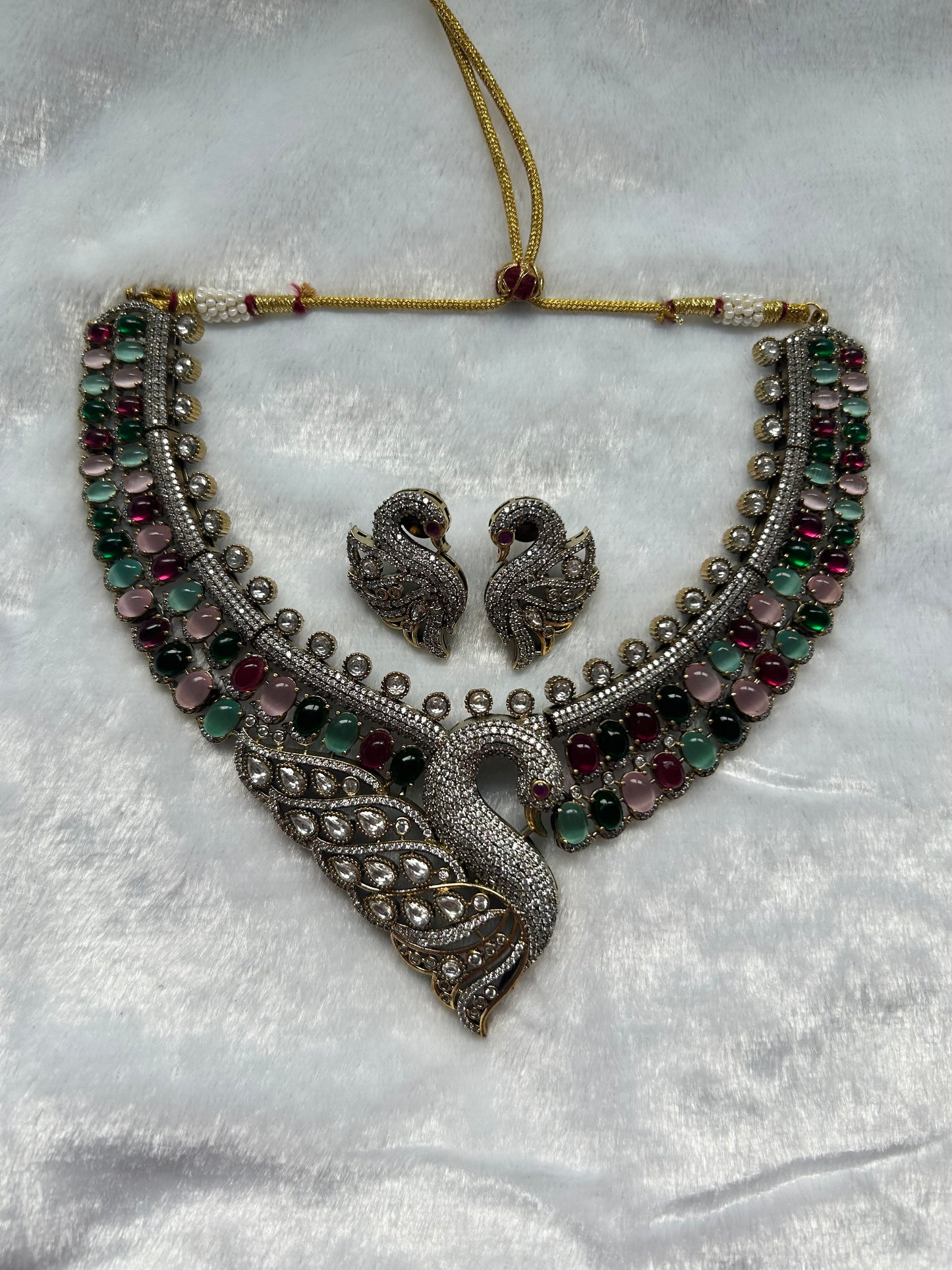 Multi Moissanite Kundan Peacock Necklace Set