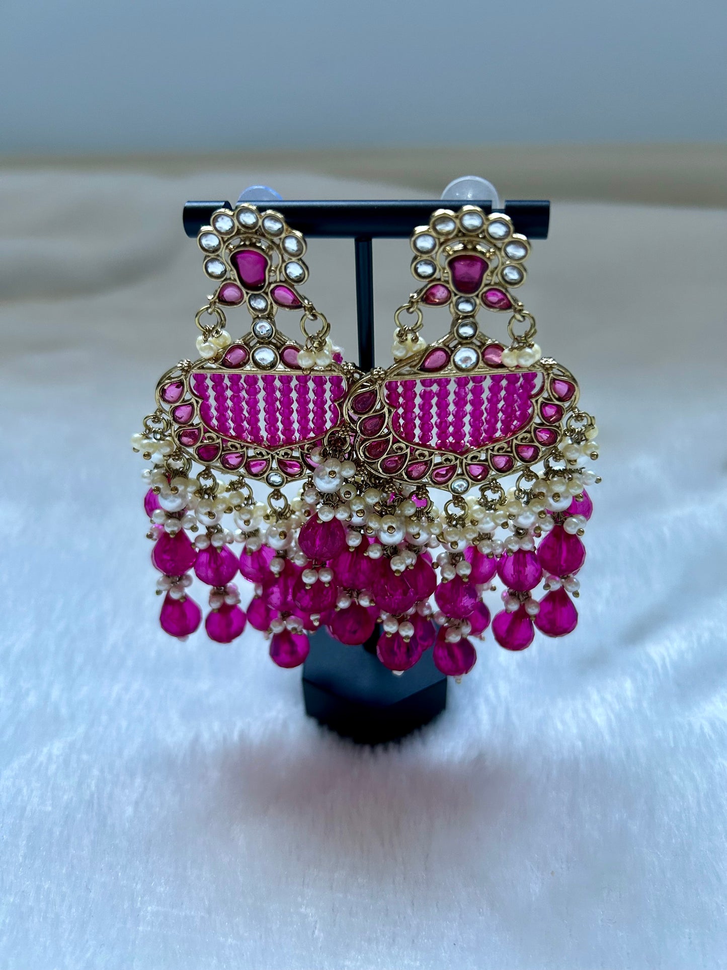 Hot Pink Kundan Beaded Earrings