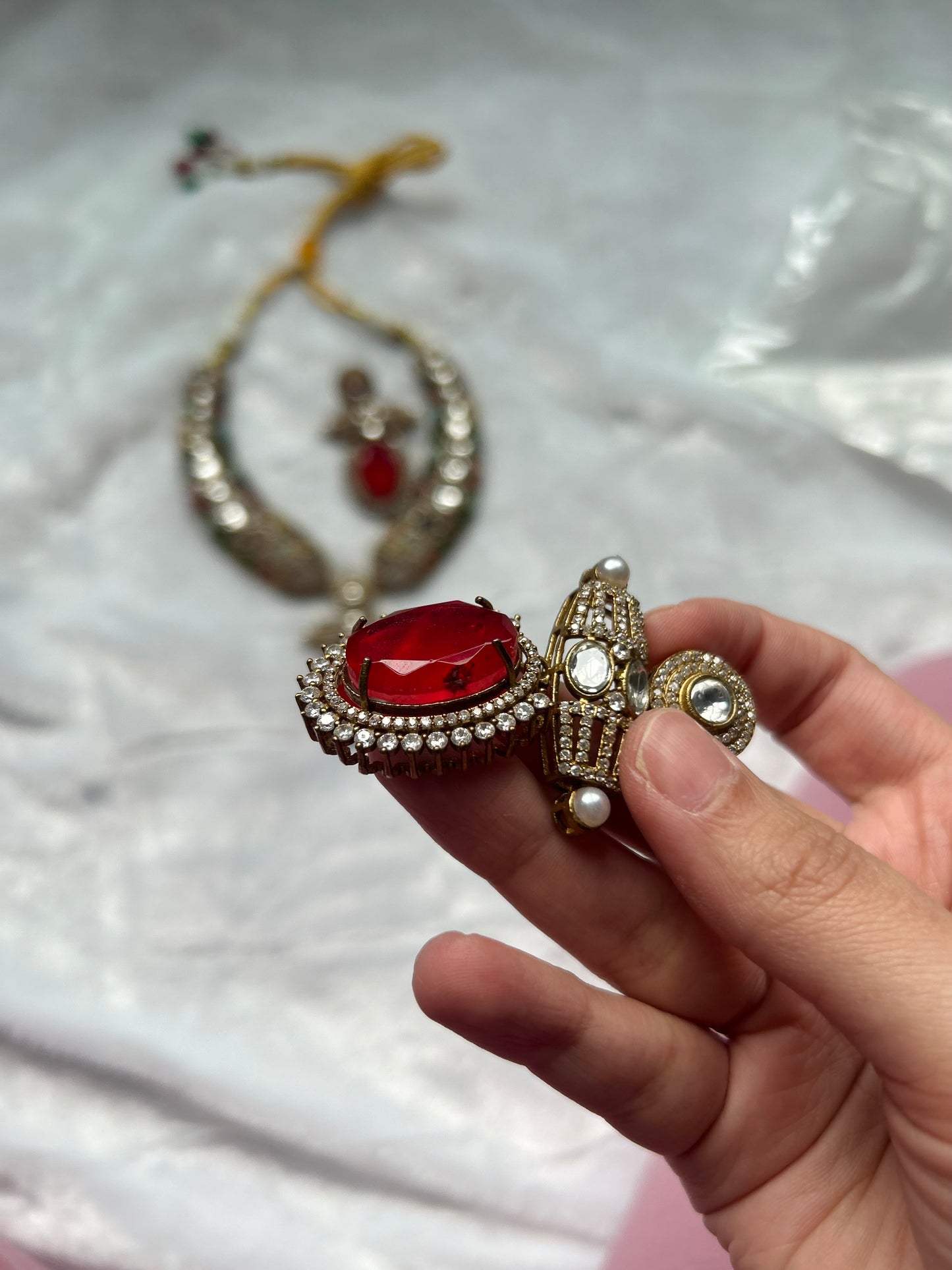 SAMPLE SALE Red Moissanite Kundan & Doublet Necklace Set
