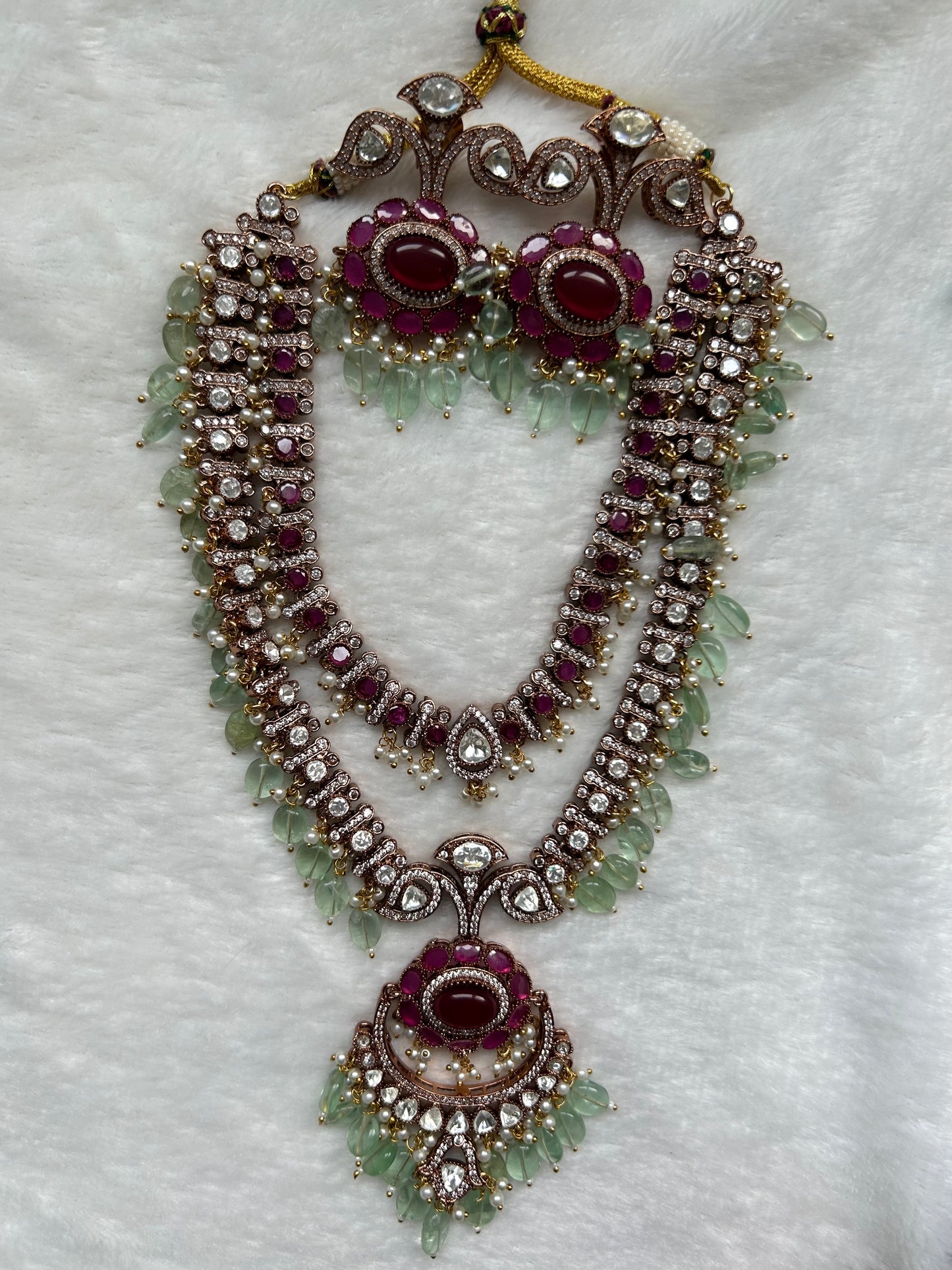 Pink & Mint Double Layered Mossiante Kundan Necklace Set