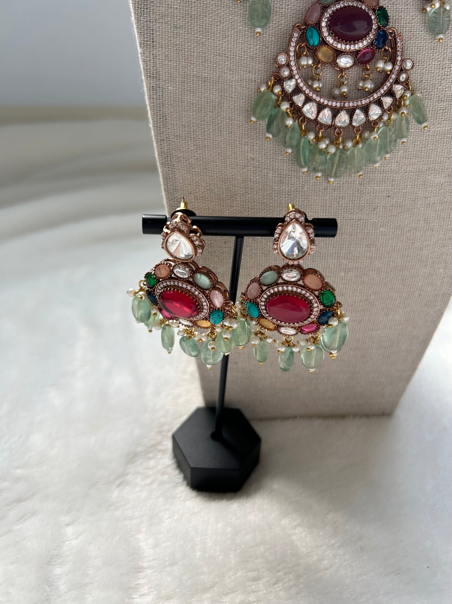 Pink & Mint Mossiante Kundan Necklace Set