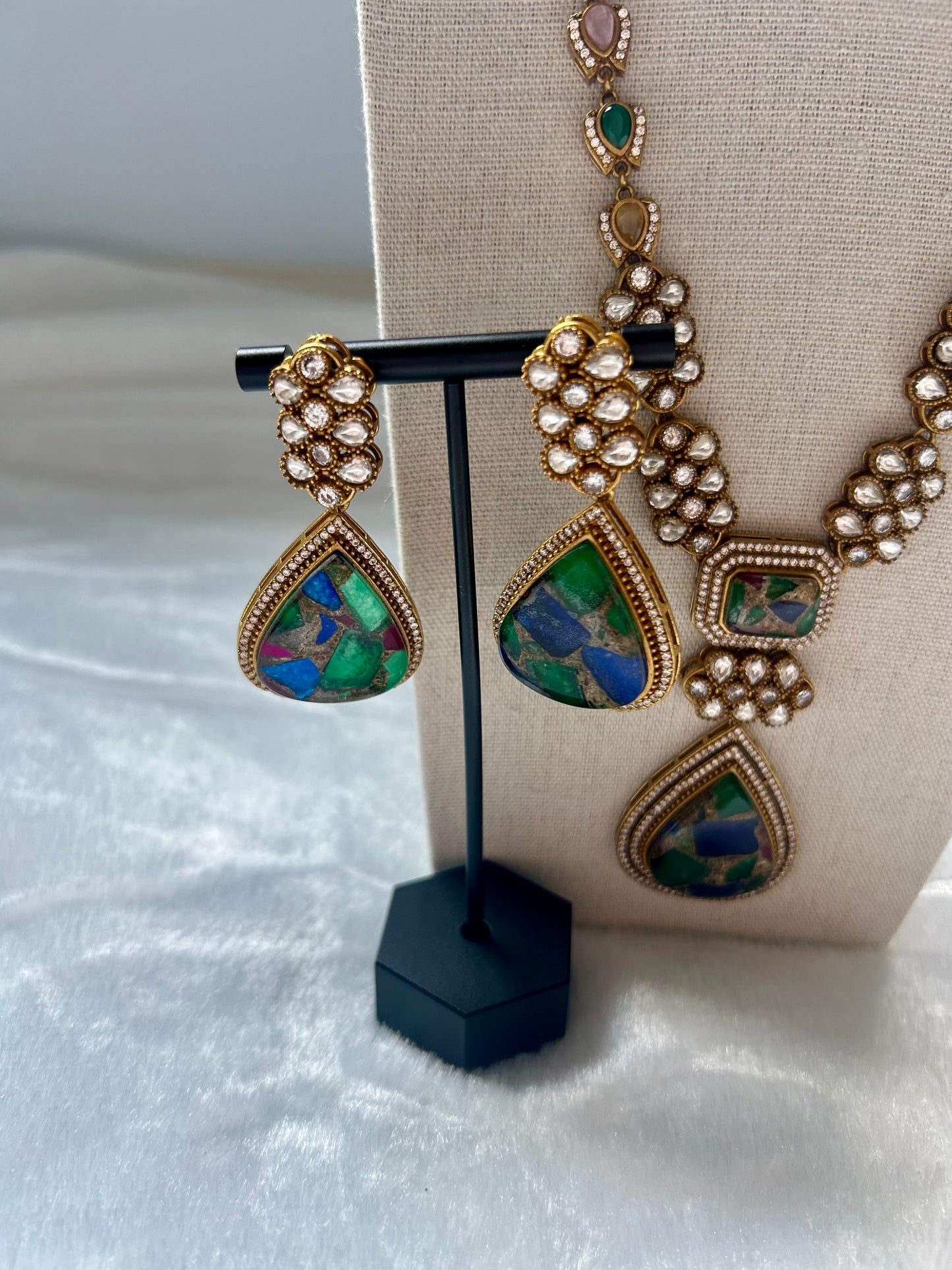 Blue & Green Moissanite Kundan Long Necklace Set