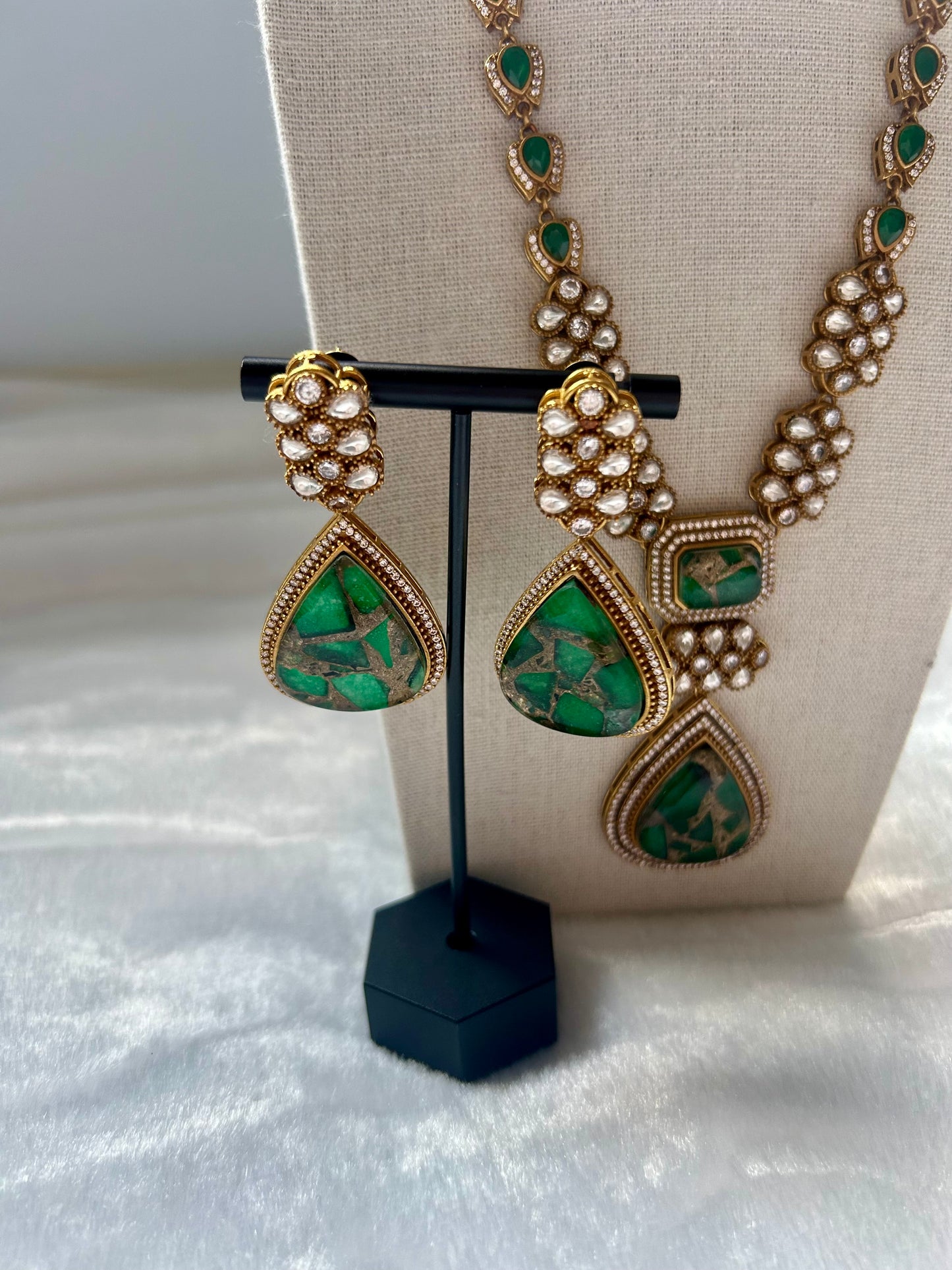 Green Moissanite Kundan Long Necklace Set
