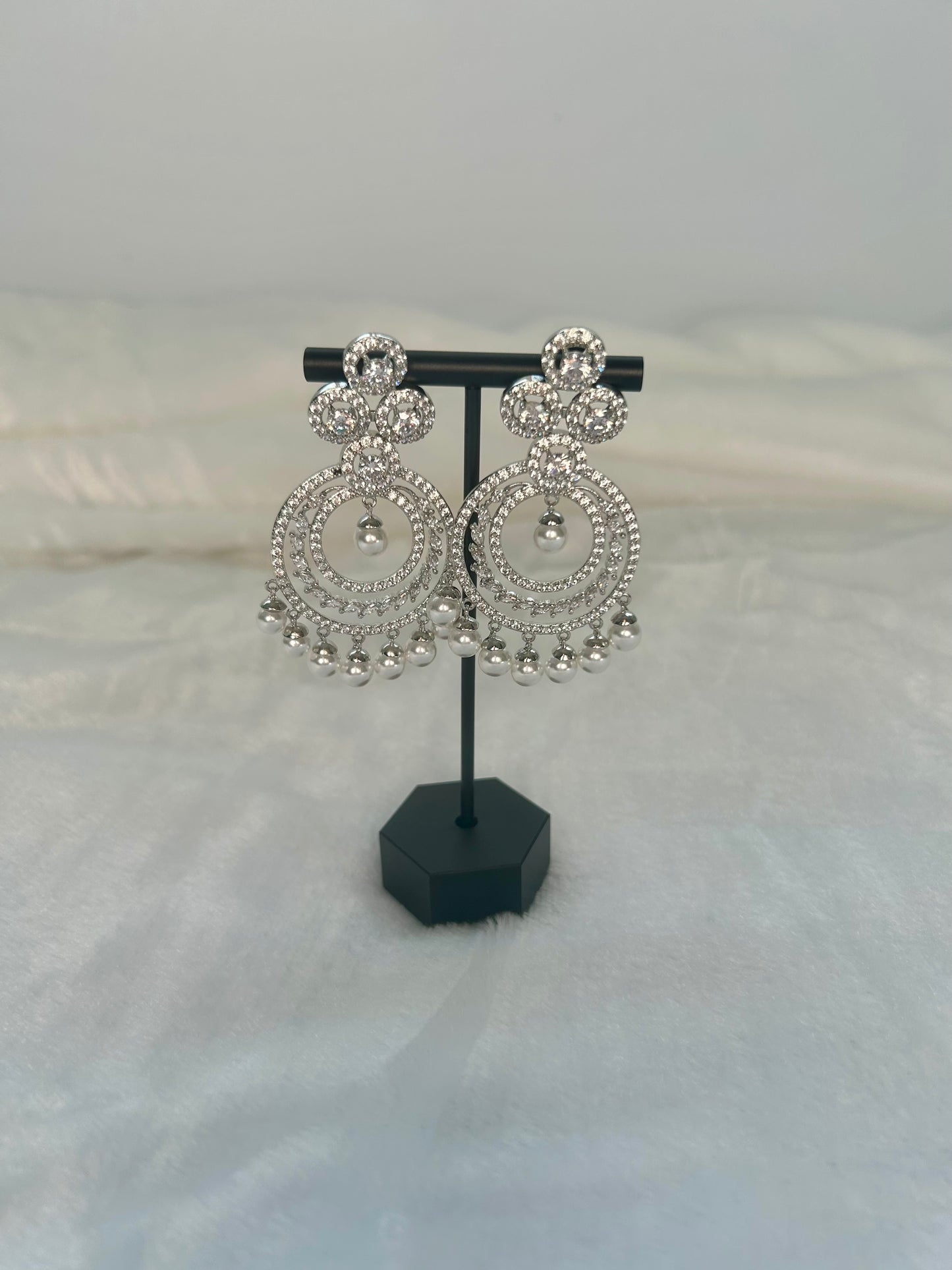 AD Silver Chandbali Pearl Drop Earrings