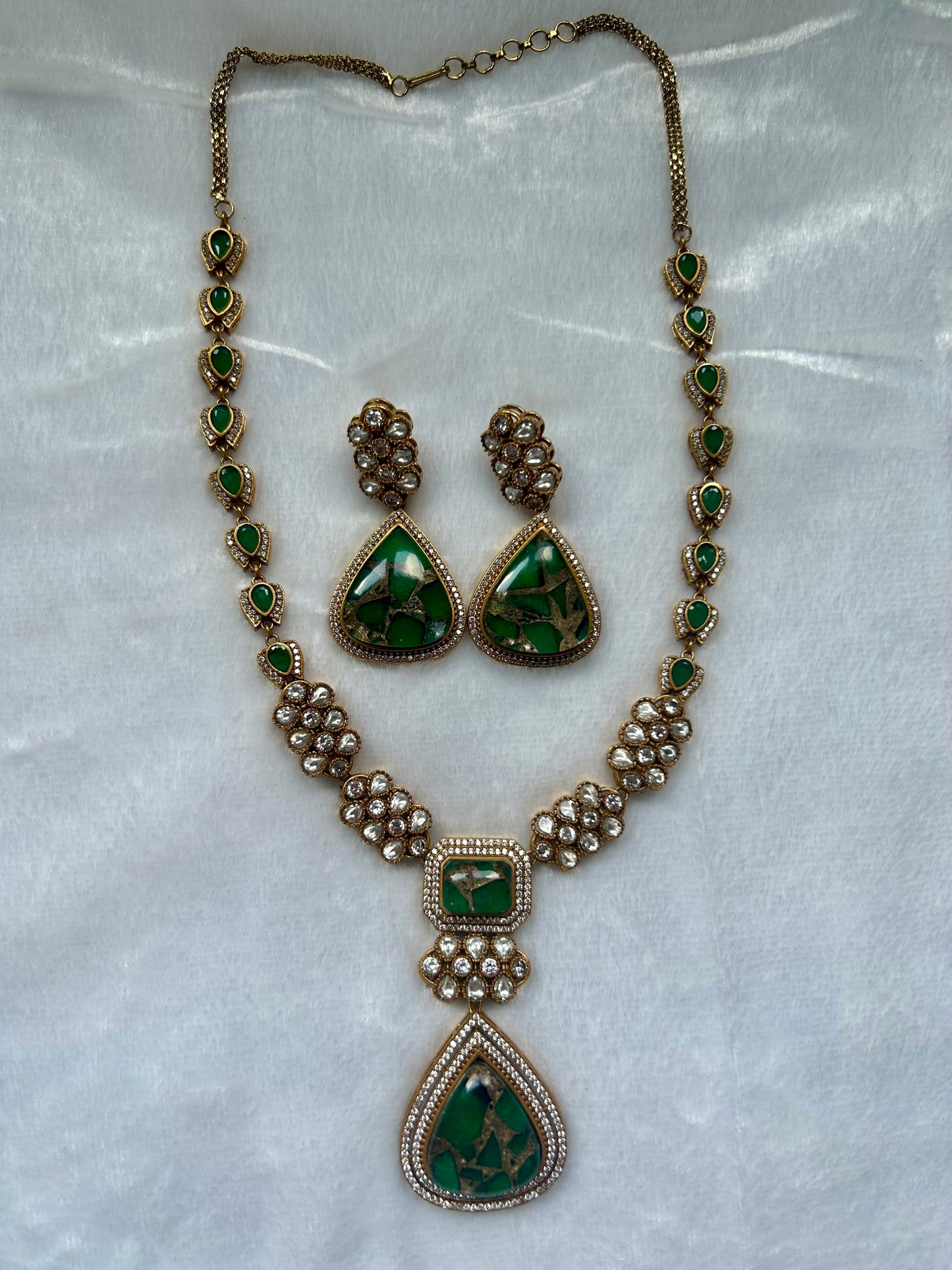 Green Moissanite Kundan Long Necklace Set