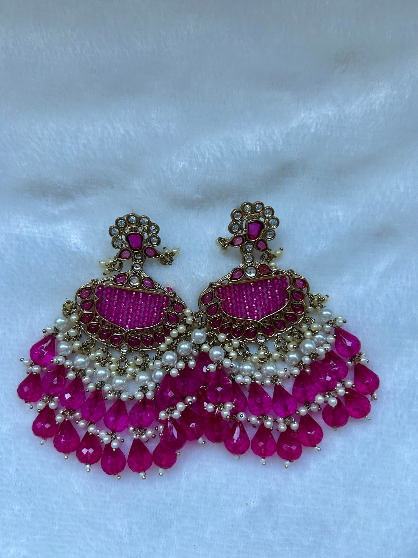 Hot Pink Kundan Beaded Earrings