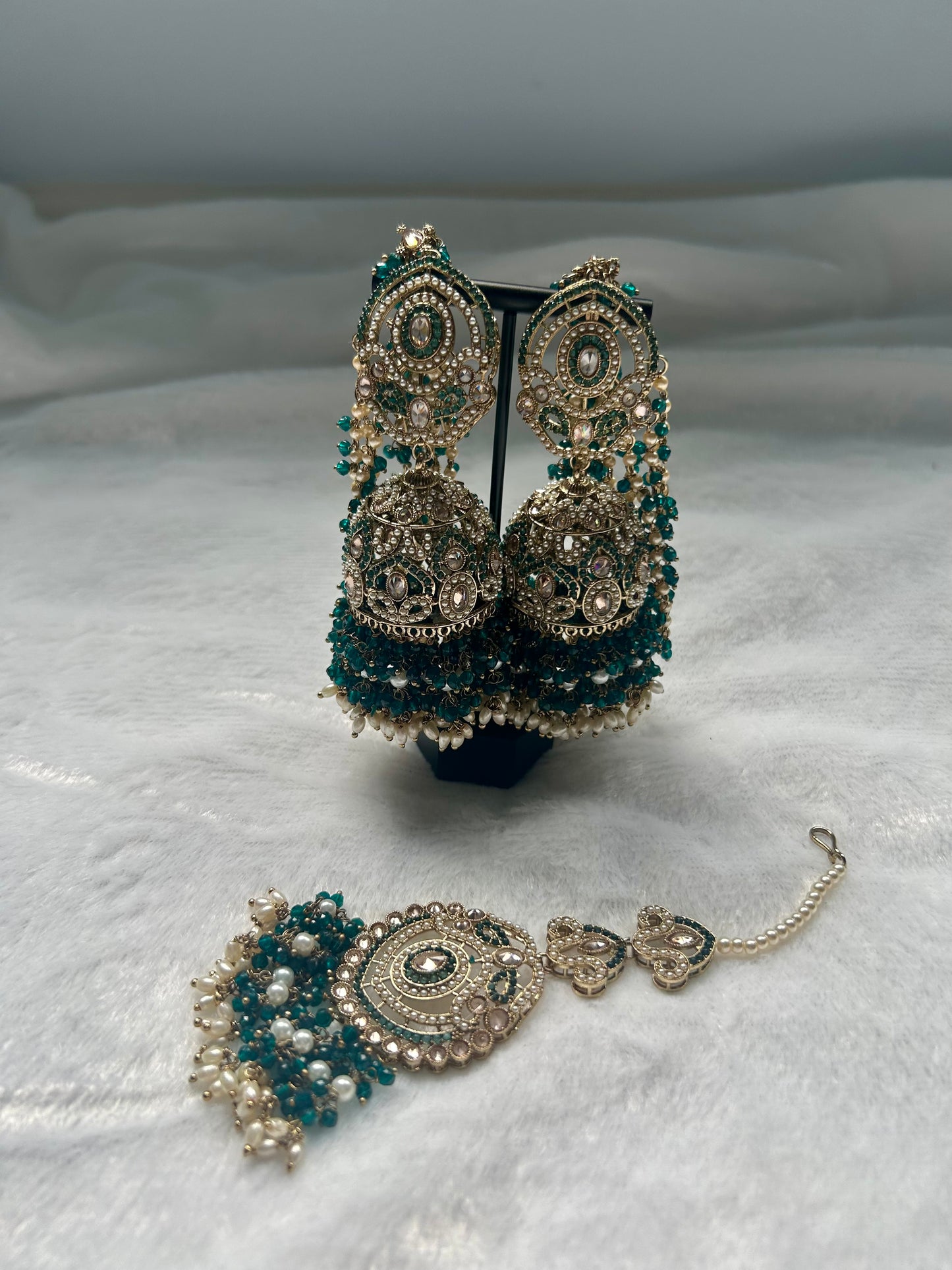 Teal Polki Sahara Jhumki Tikka Set