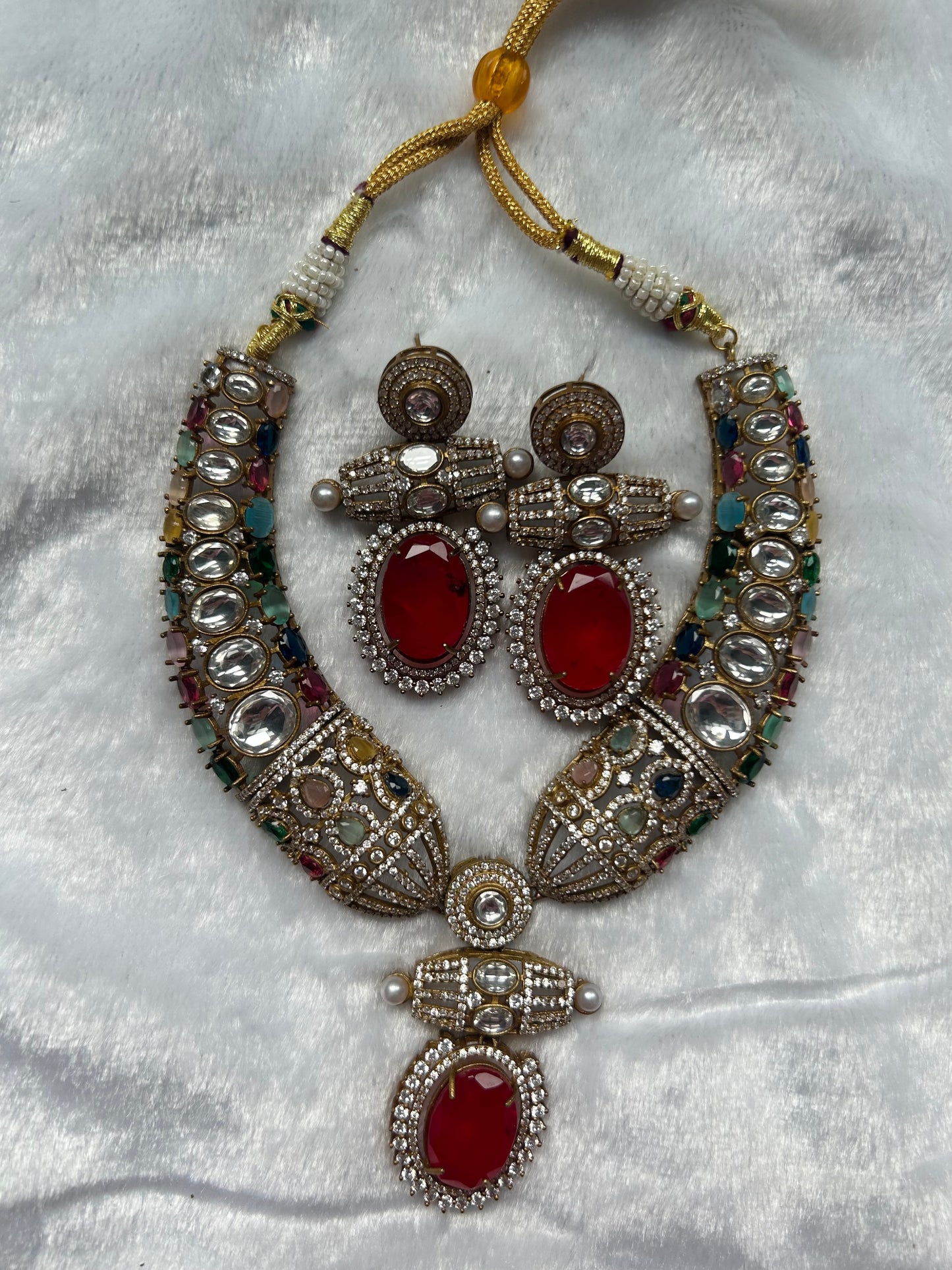 SAMPLE SALE Red Moissanite Kundan & Doublet Necklace Set