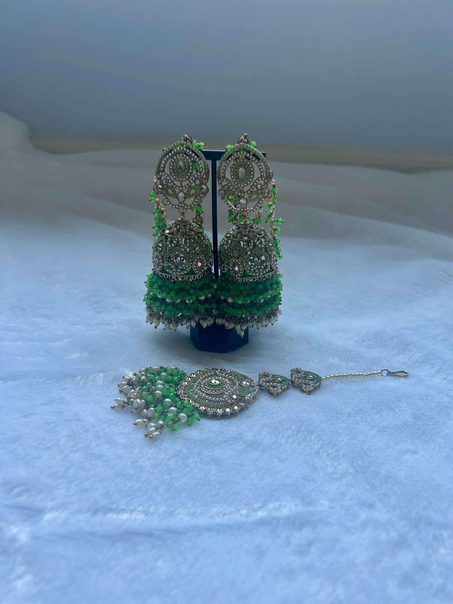 Pista Green Polki Sahara Jhumki Tikka Set
