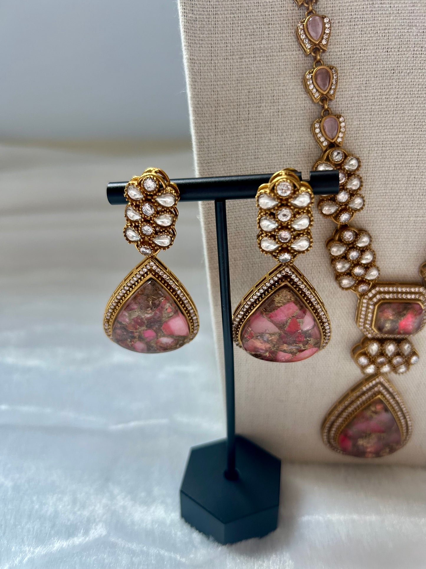 Pink Moissanite Kundan Long Necklace Set