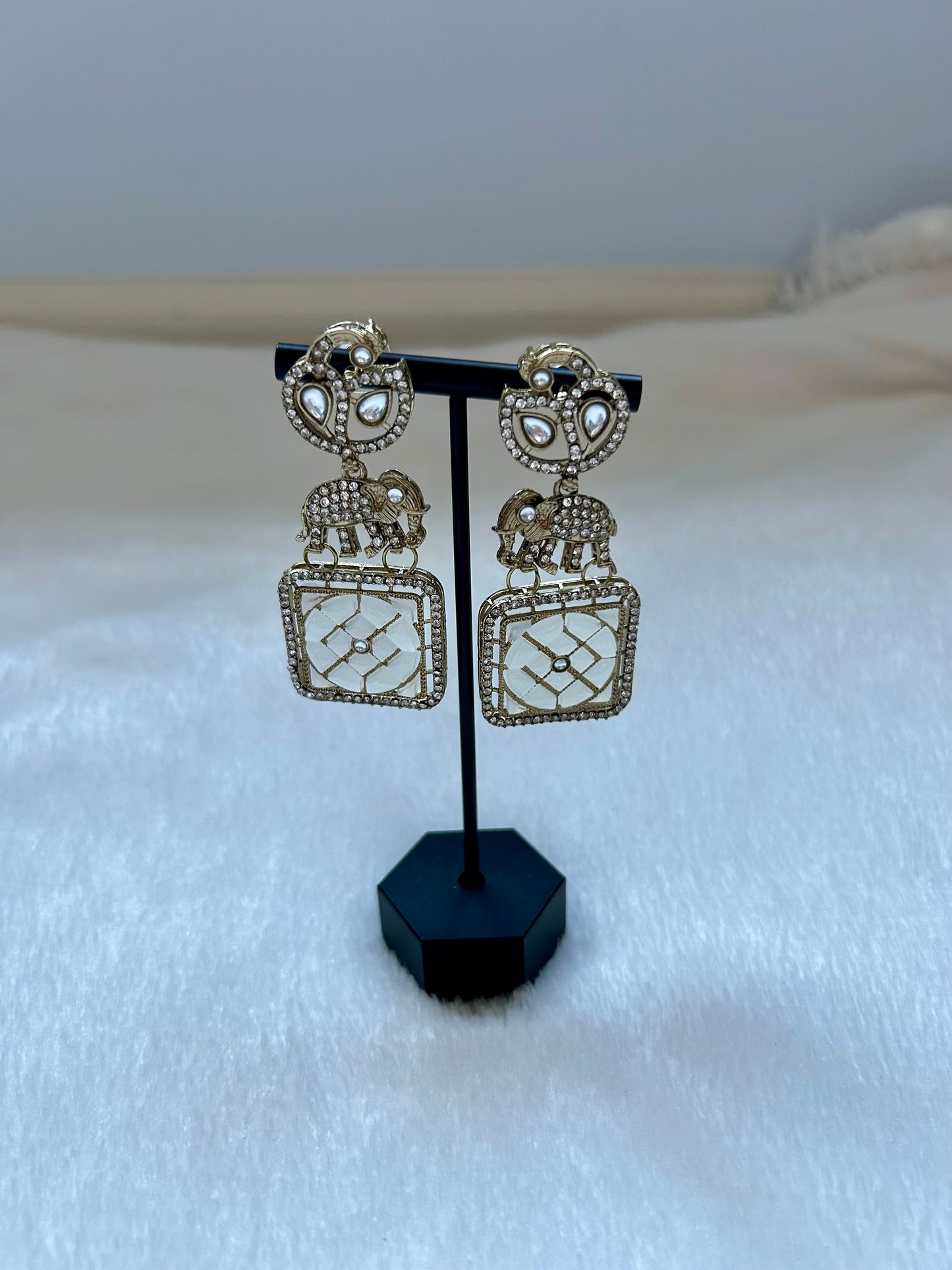 White Polki Elephant Earrings