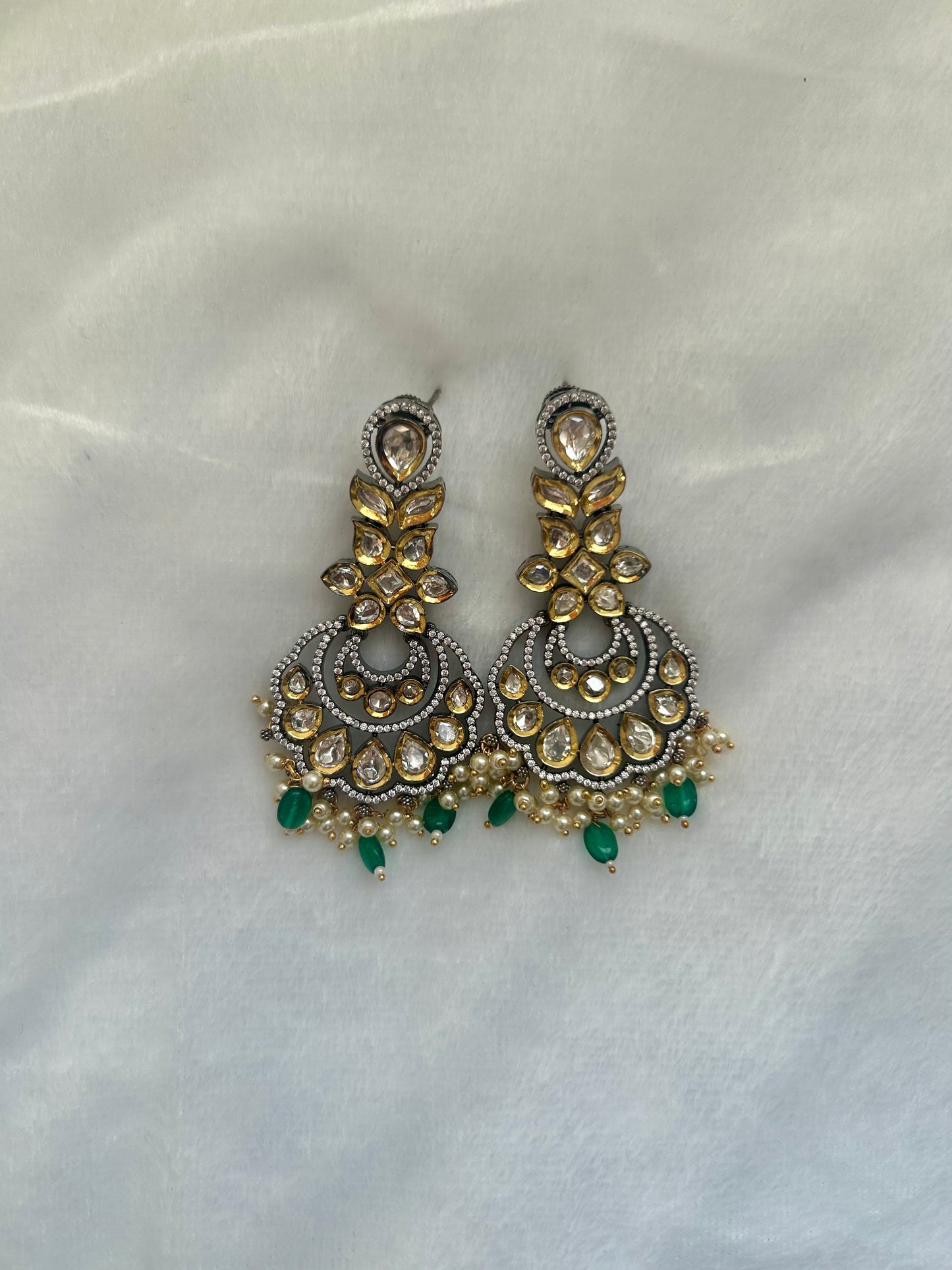 Emerald Green Oxidized Moissanite Kundan Earrings