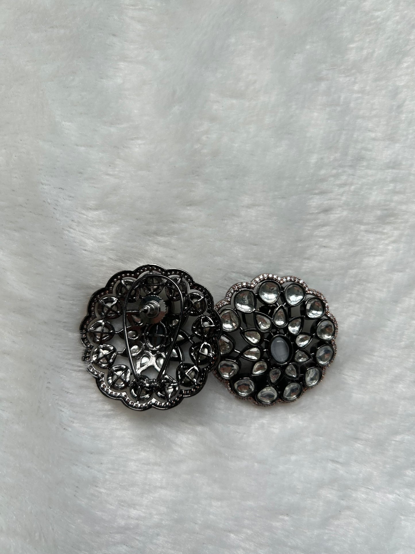 Oxidized Grey Uncut Kundan Studs