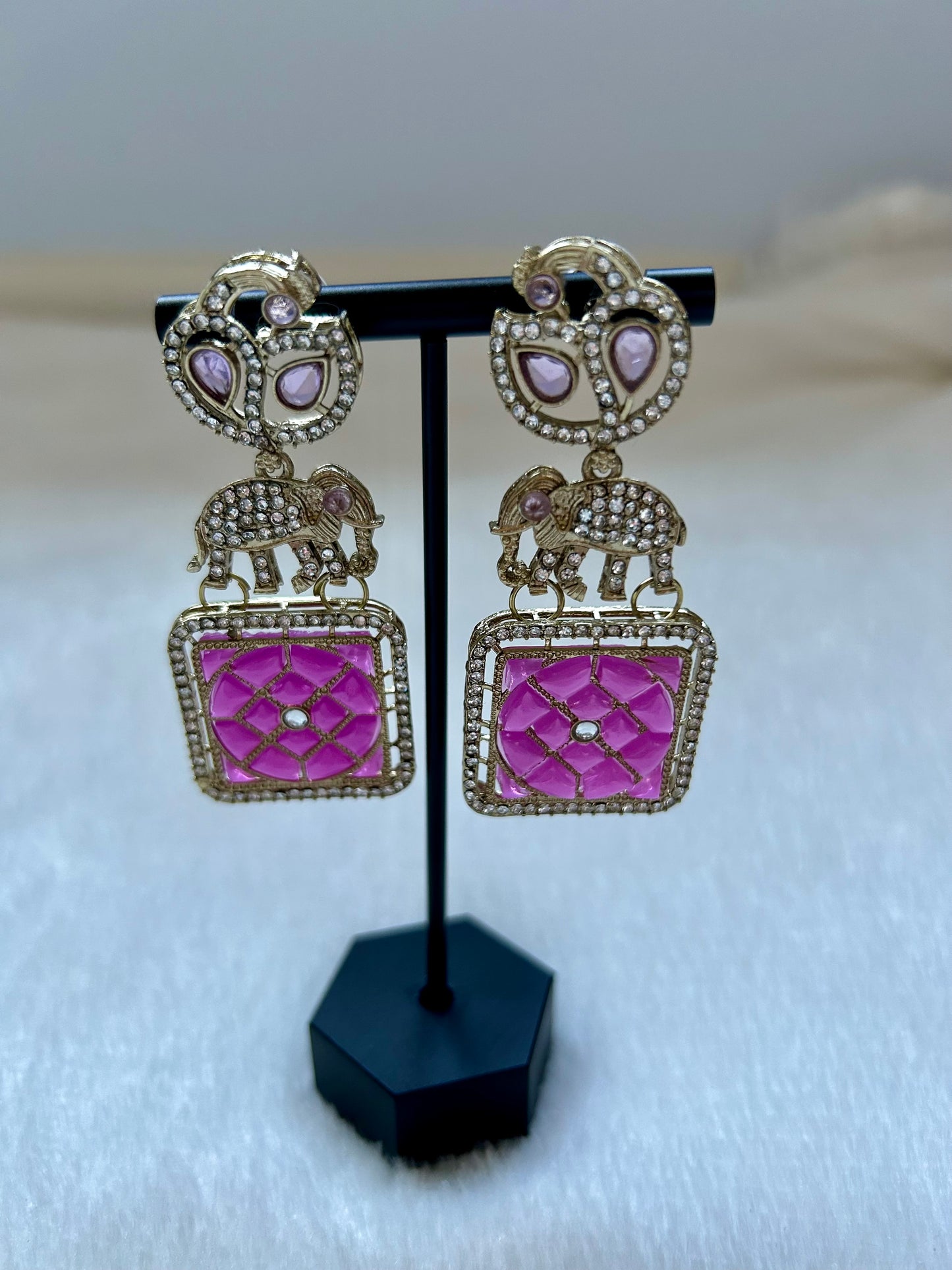 Hot Pink Polki Elephant Earrings