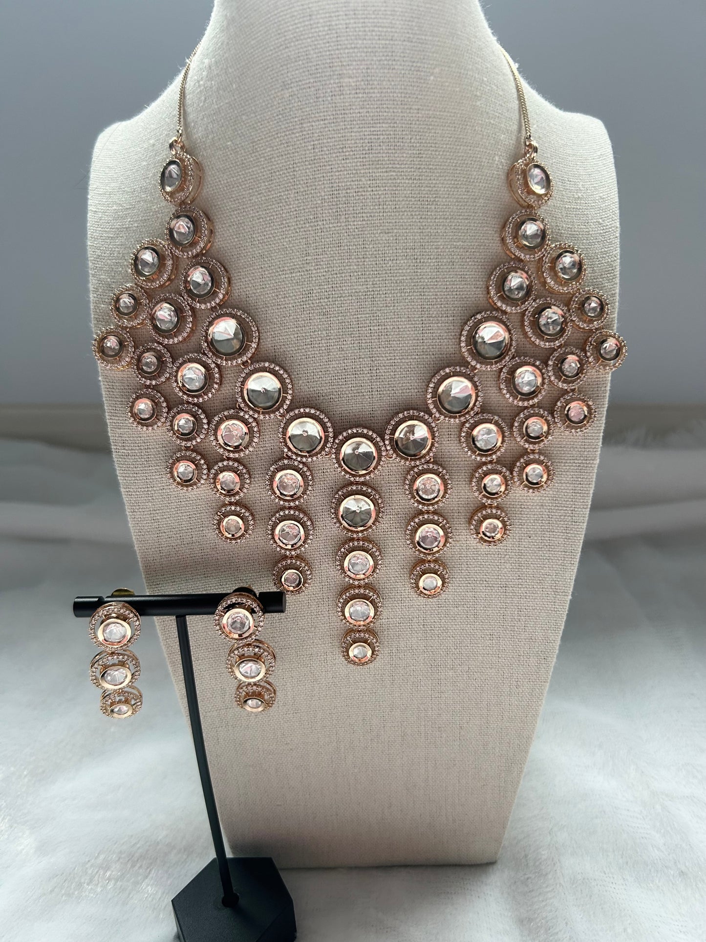 Rose Gold & White Moissanite Kundan Necklace Set