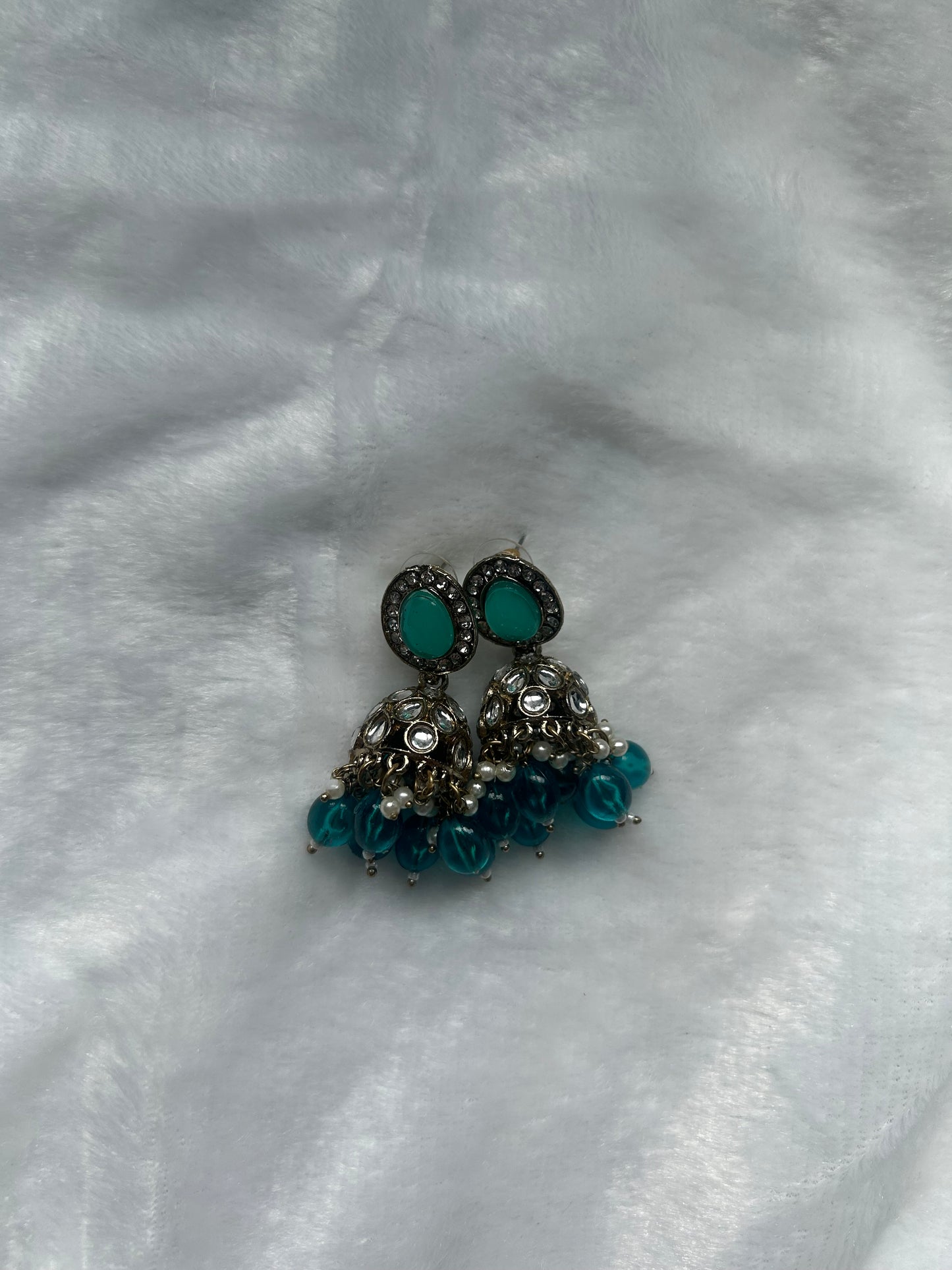 Teal Kundan Jhumki Earrings