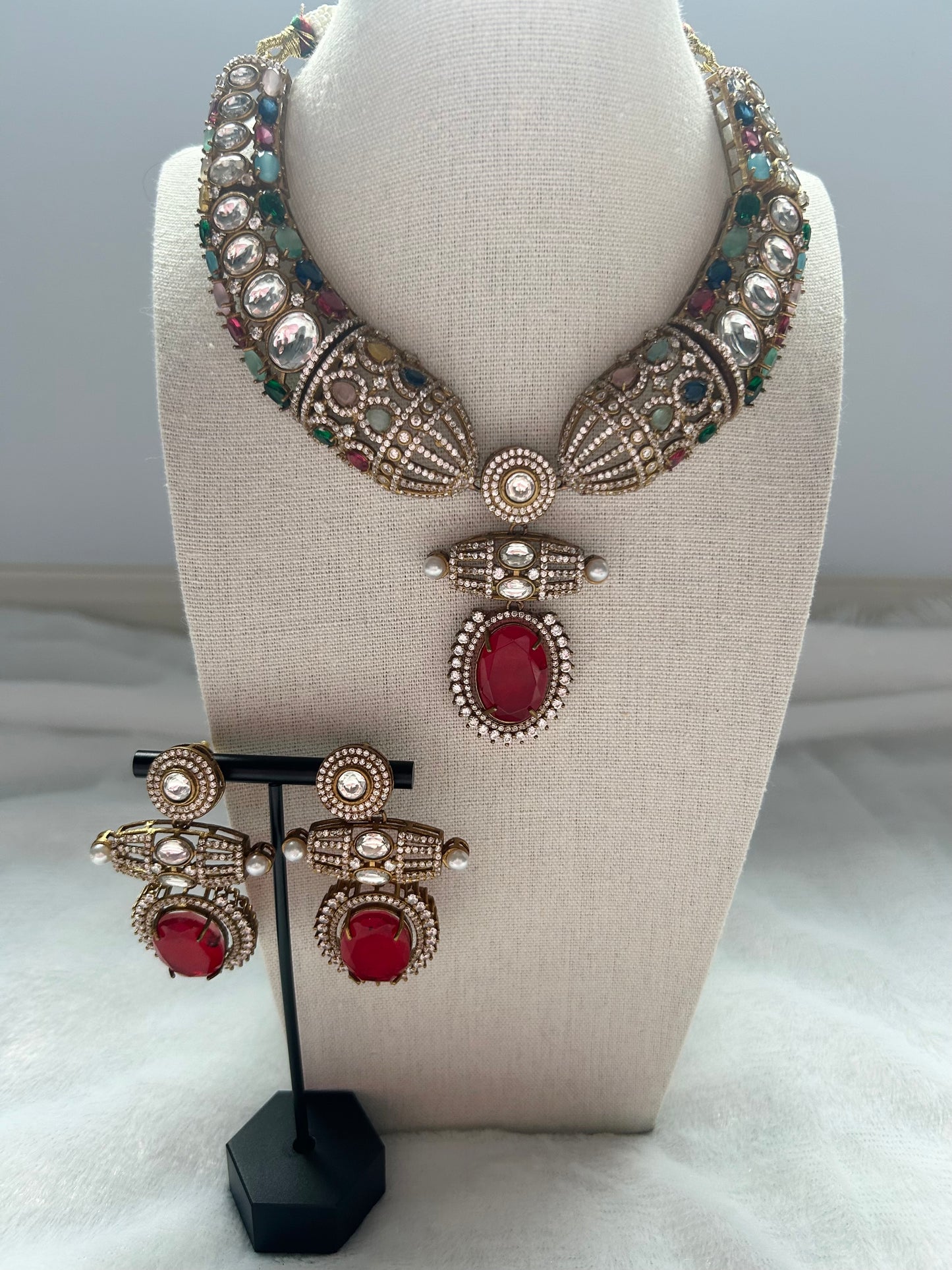 SAMPLE SALE Red Moissanite Kundan & Doublet Necklace Set
