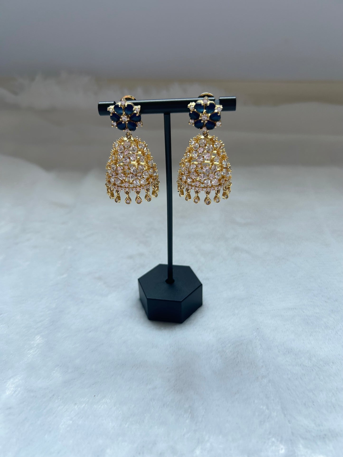AD Navy Blue & Gold Jhumki Earrings