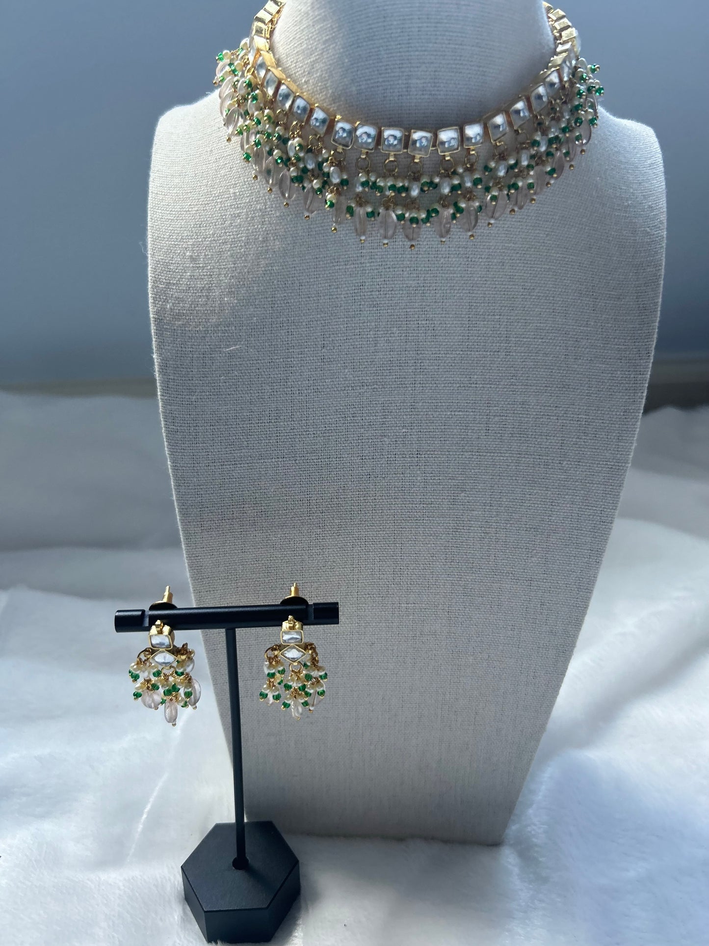 Emerald Green & Pink Pachi Kundan Necklace Set