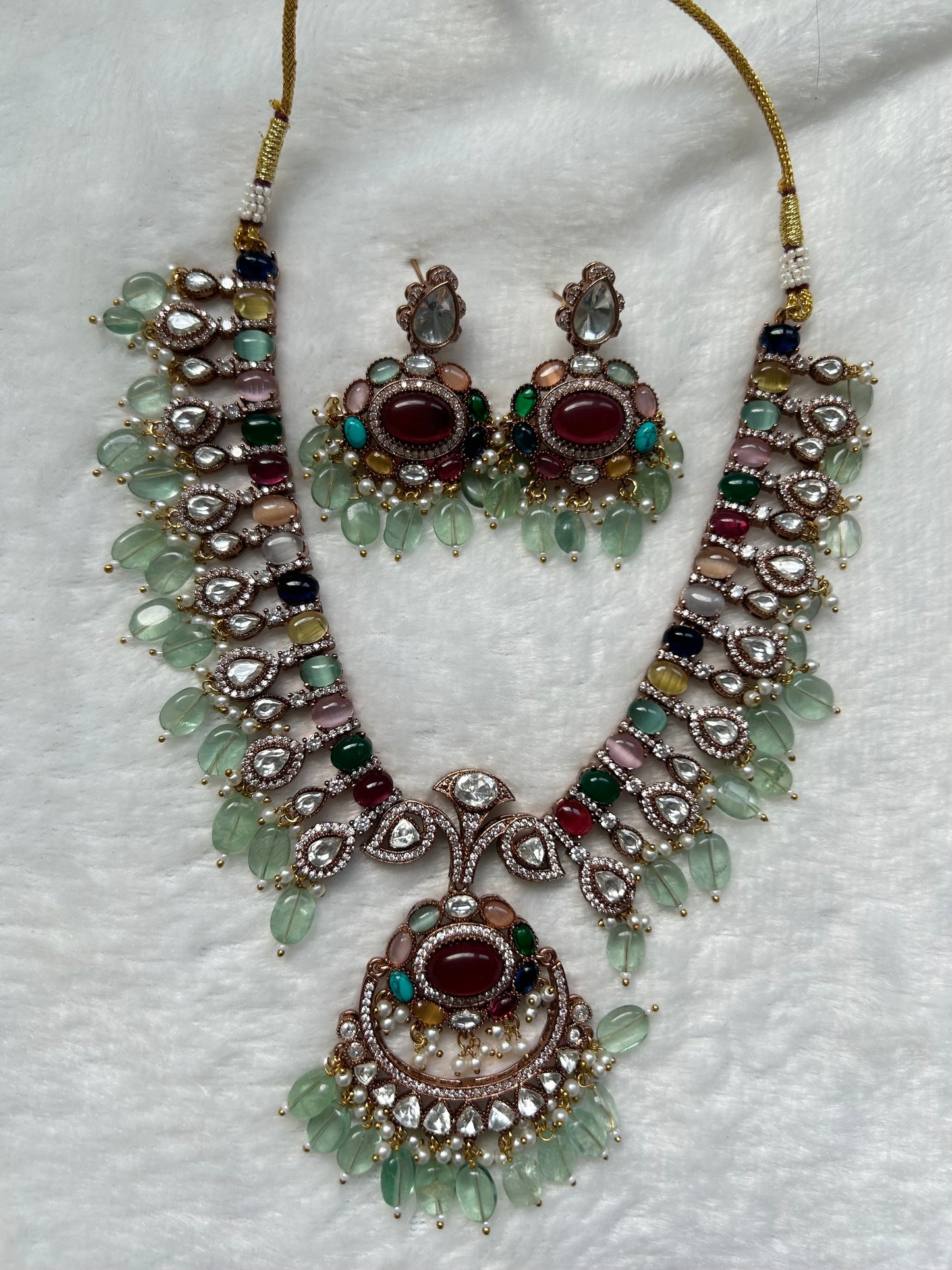 Pink & Mint Mossiante Kundan Necklace Set